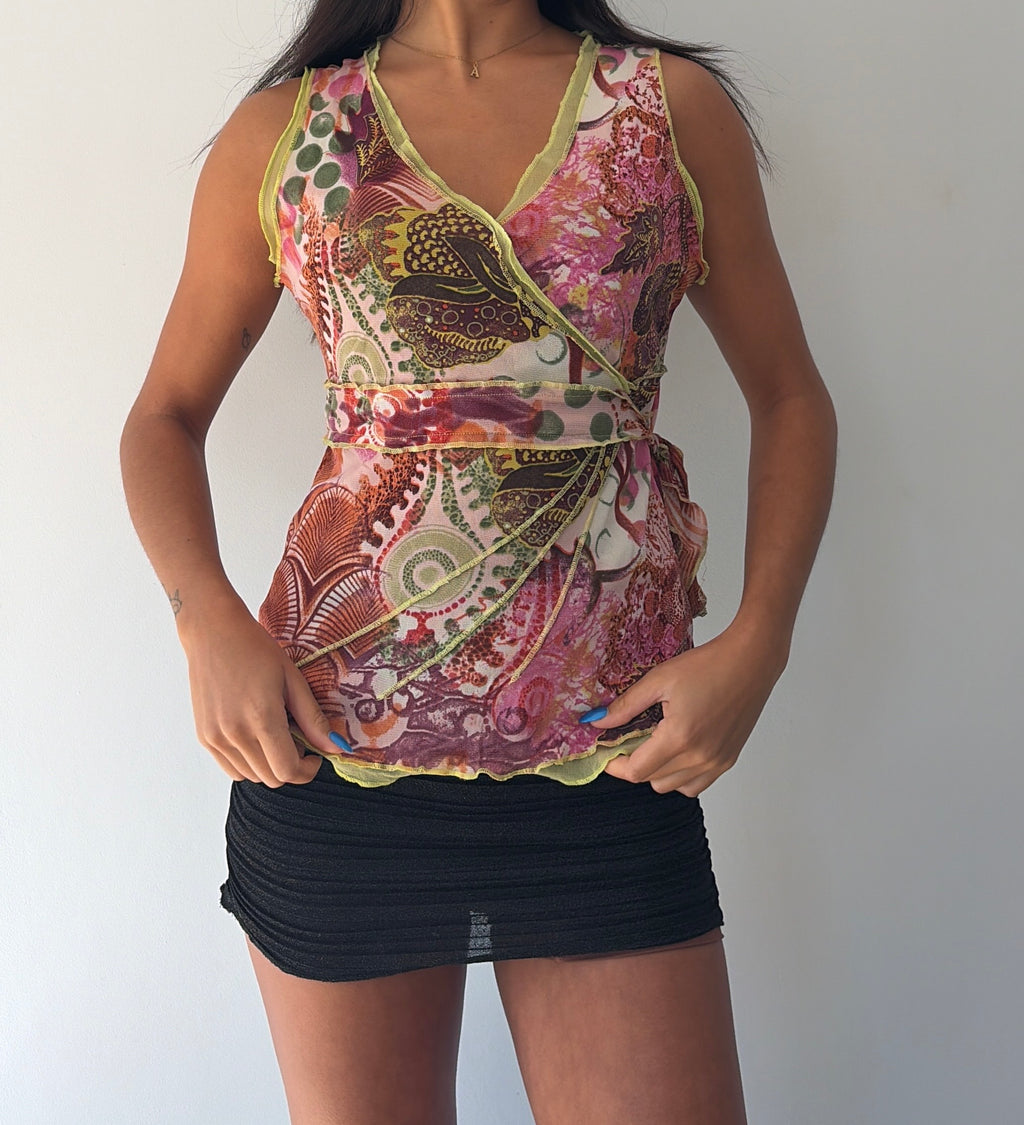 Green and Pink Tie Back Mesh Top
