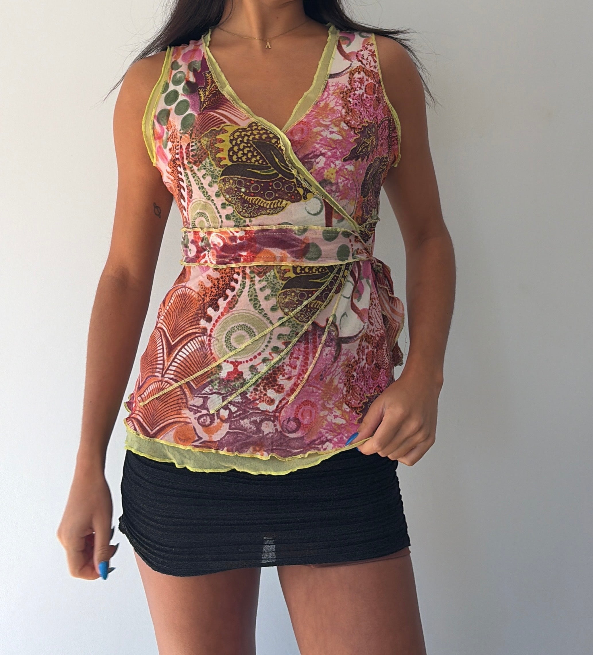 Green and Pink Tie Back Mesh Top