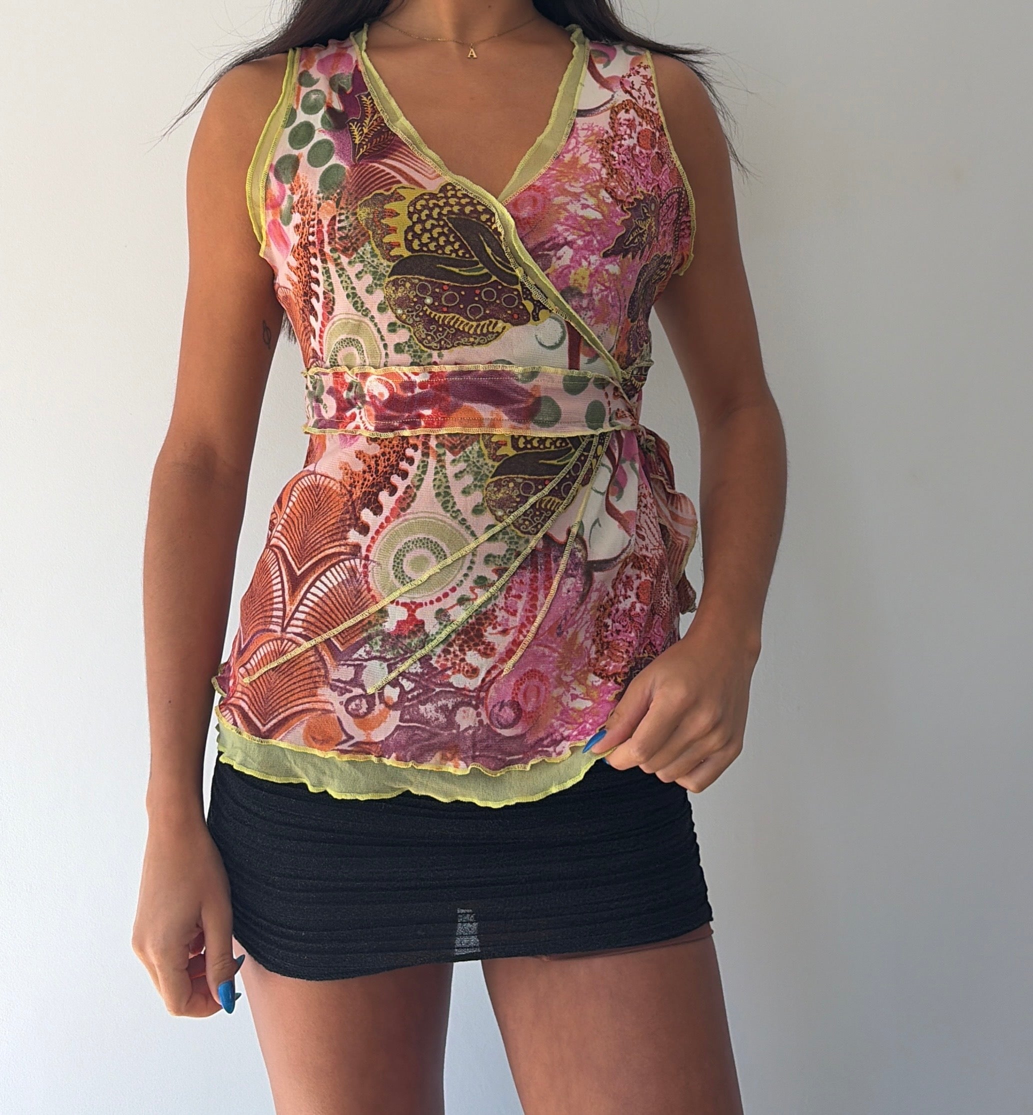 Green and Pink Tie Back Mesh Top