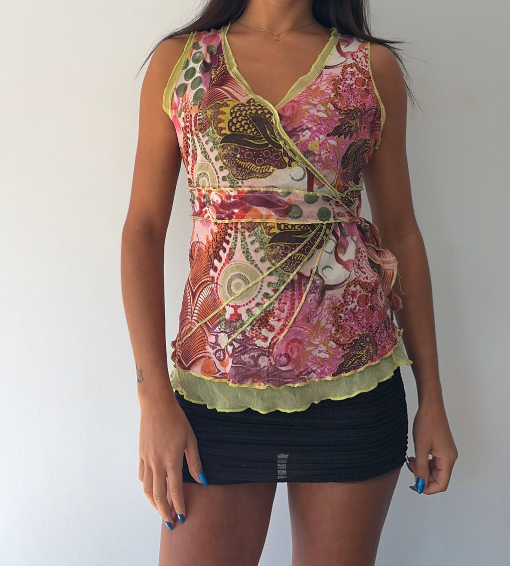 Green and Pink Tie Back Mesh Top