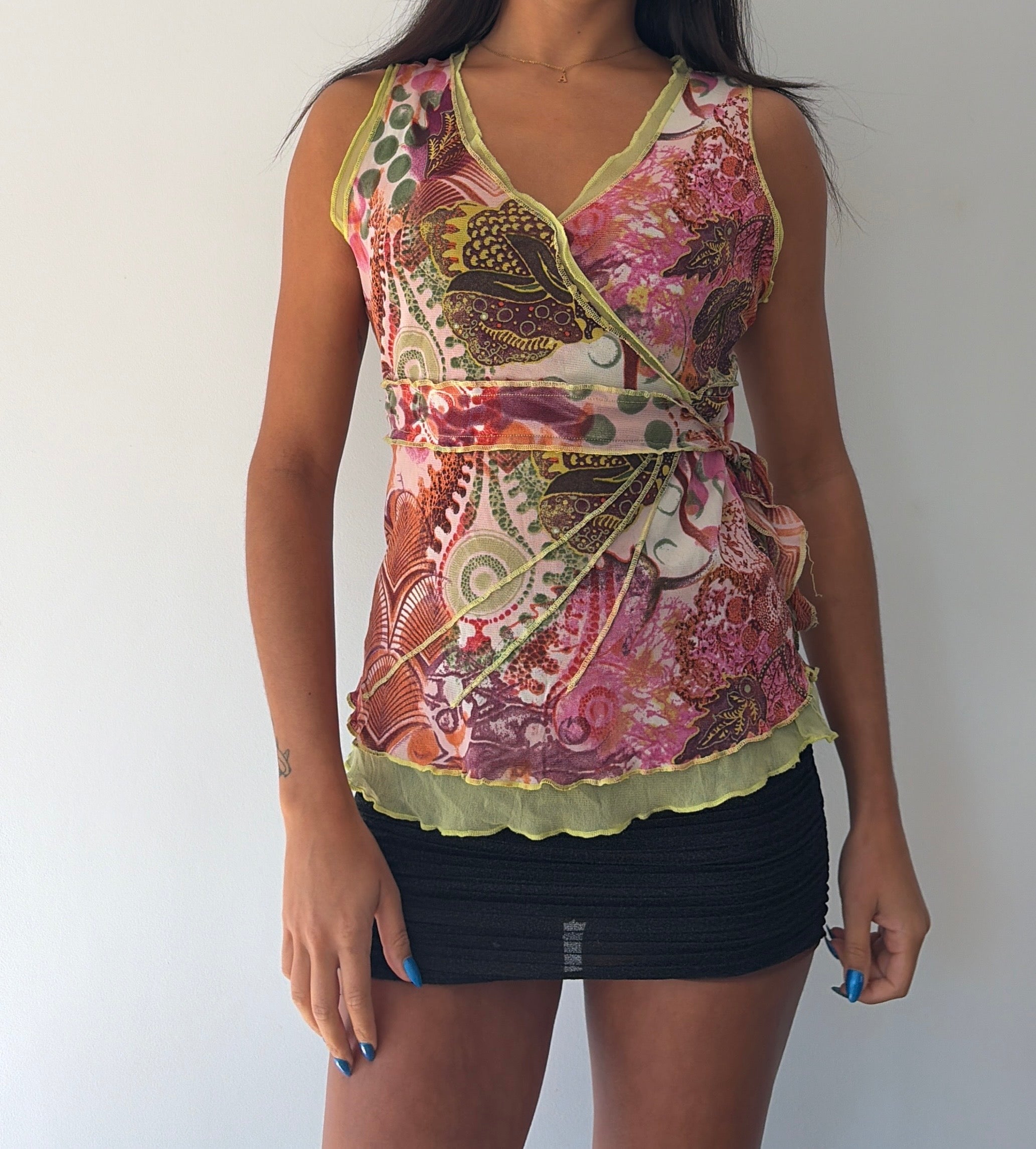 Green and Pink Tie Back Mesh Top