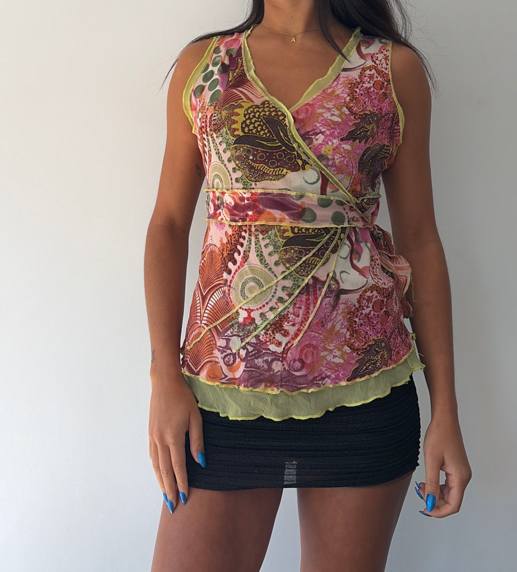 Green and Pink Tie Back Mesh Top