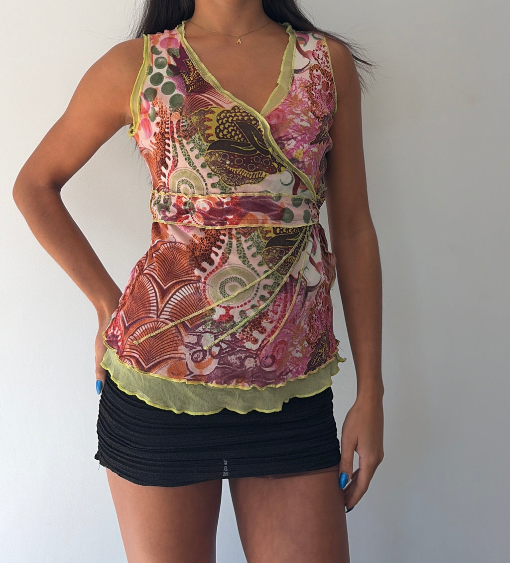 Green and Pink Tie Back Mesh Top