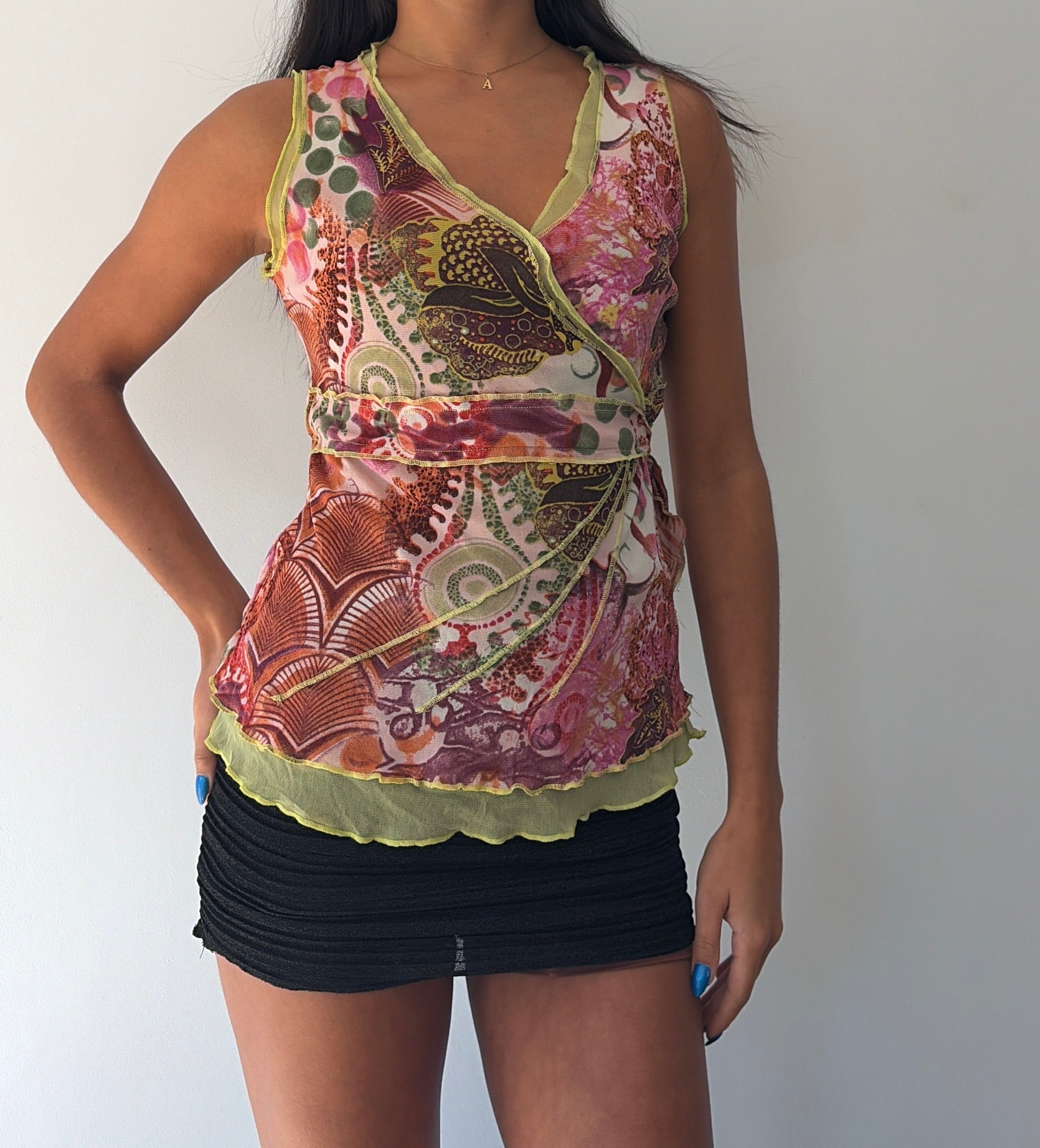 Green and Pink Tie Back Mesh Top