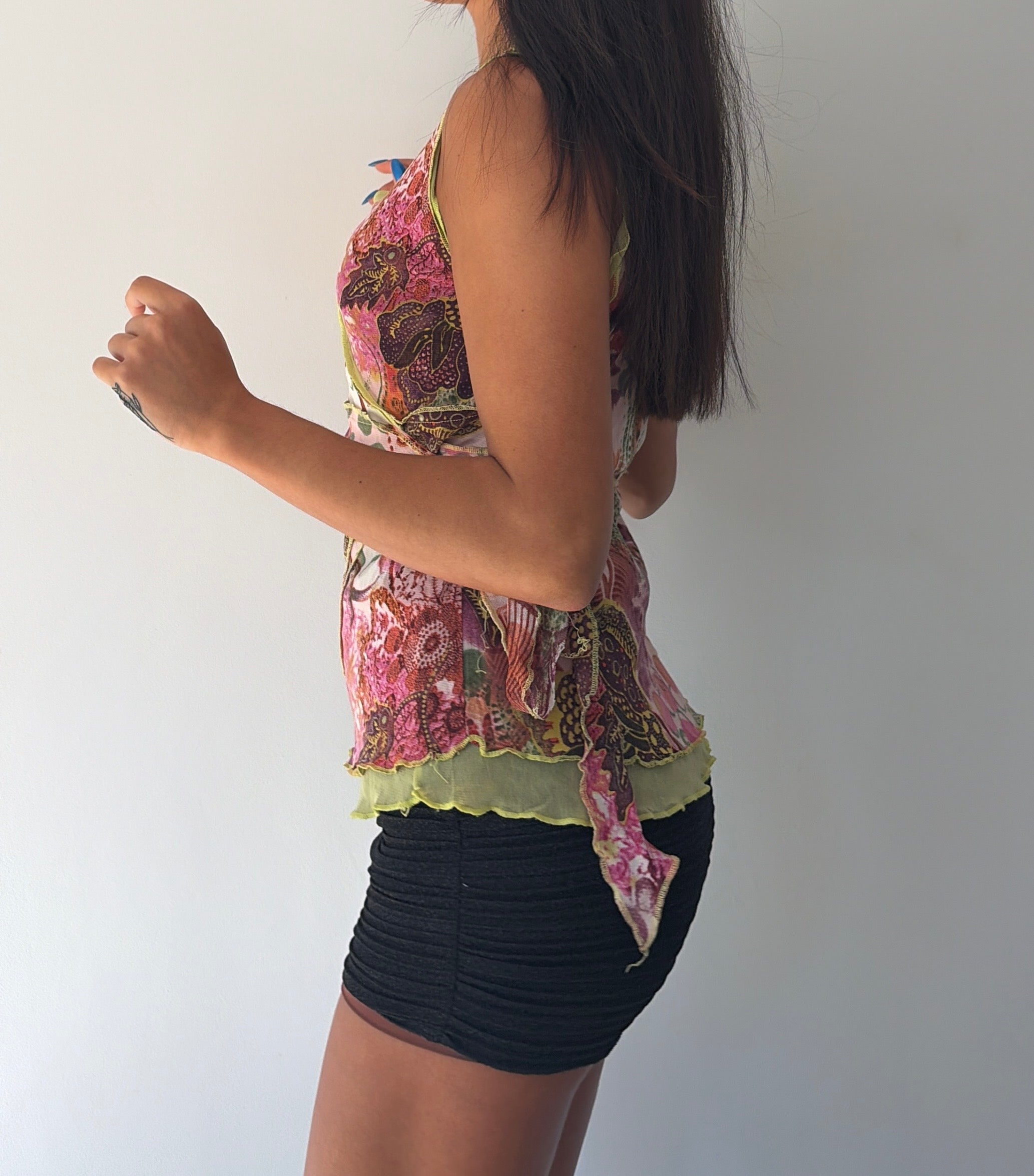 Green and Pink Tie Back Mesh Top