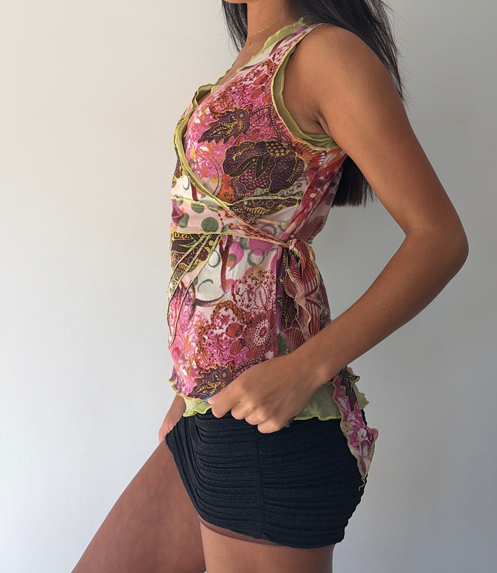 Green and Pink Tie Back Mesh Top