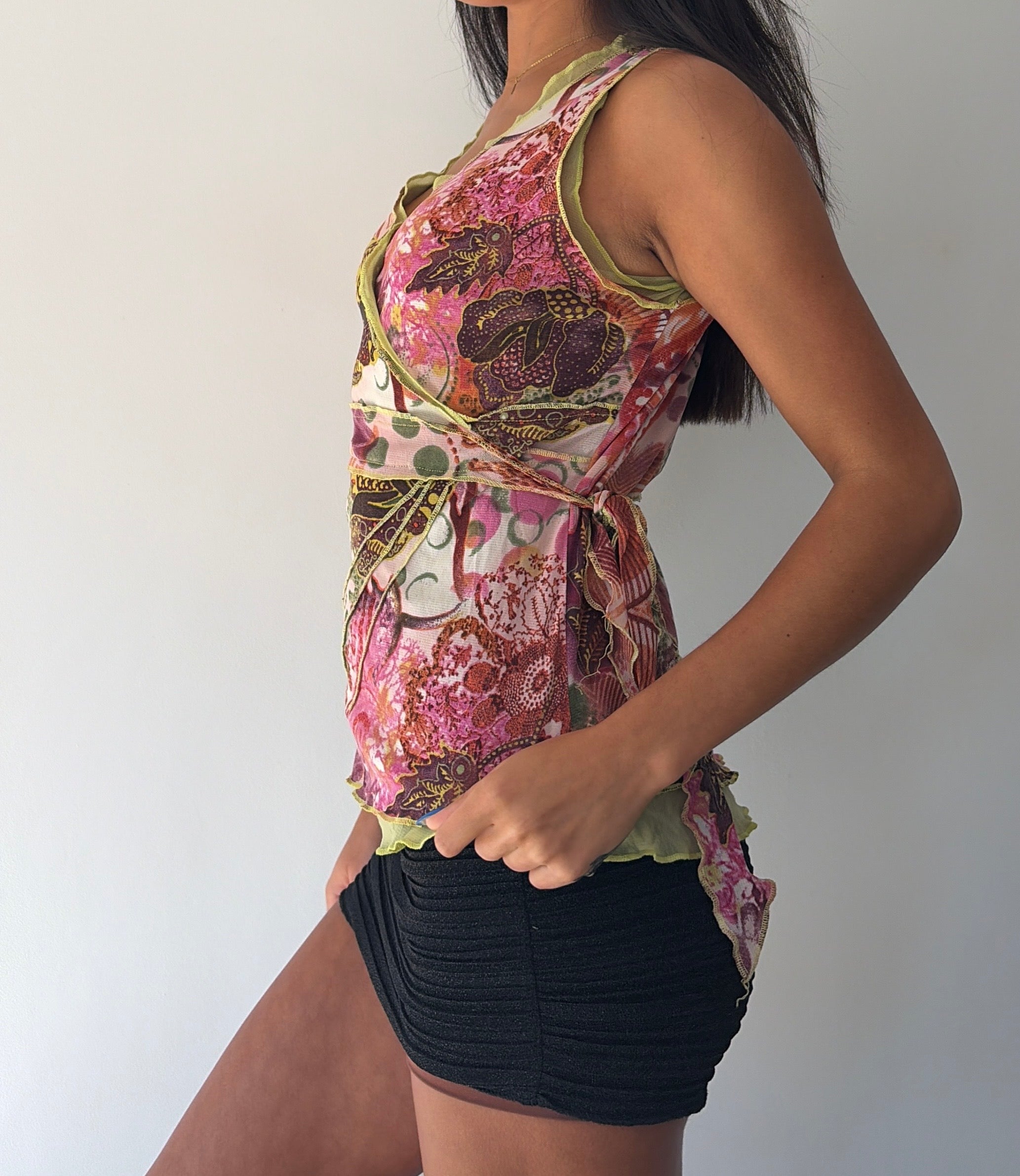 Green and Pink Tie Back Mesh Top