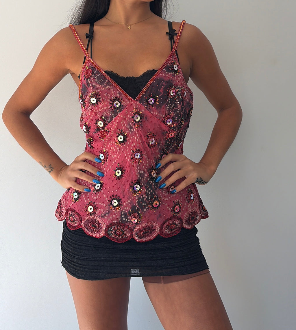Pink Silk Beaded Cami Top