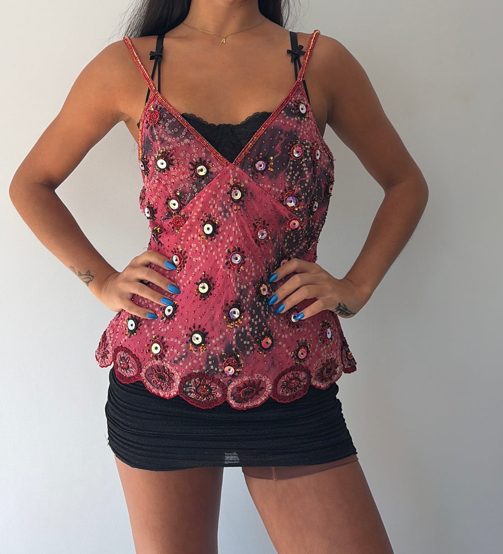 Pink Silk Beaded Cami Top