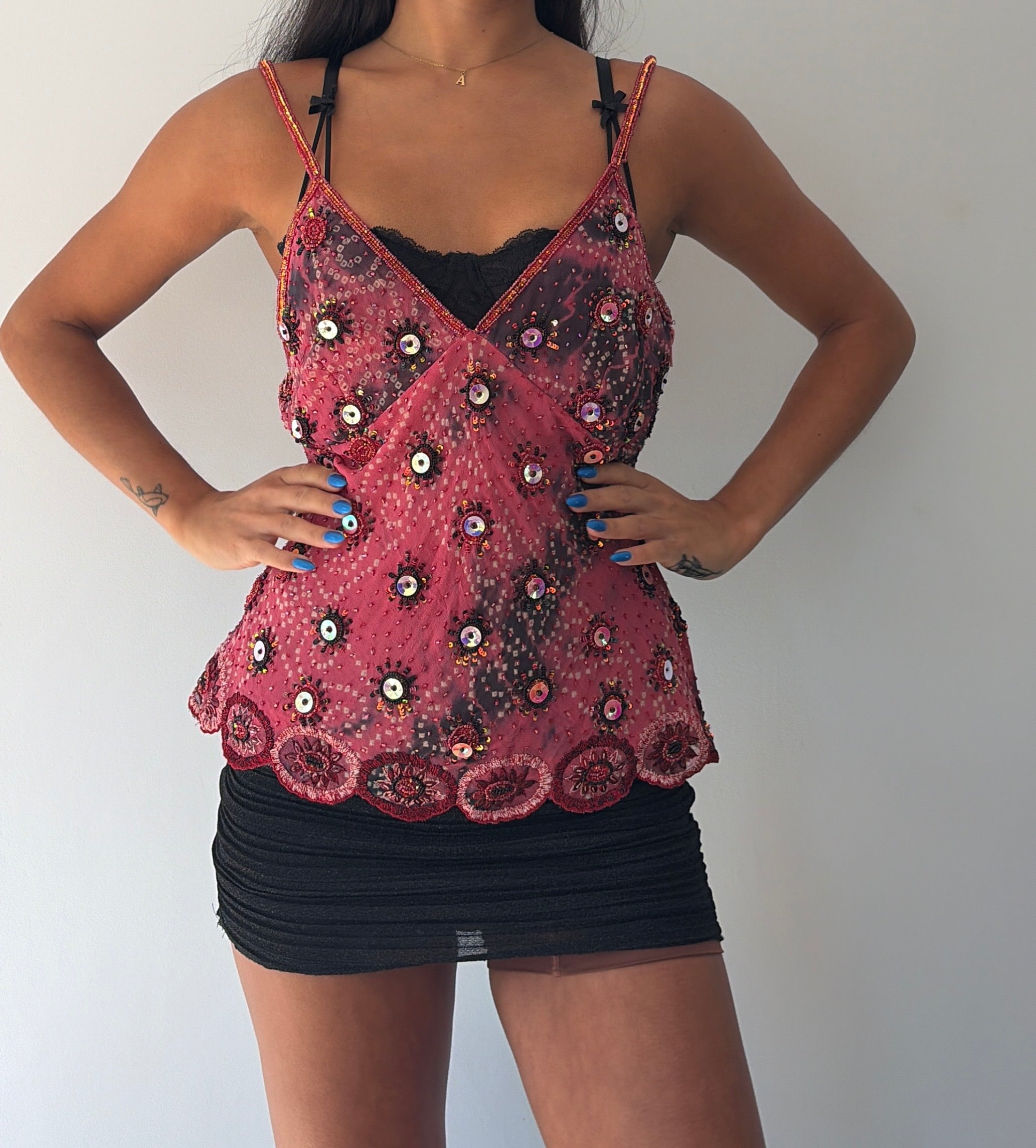 Pink Silk Beaded Cami Top