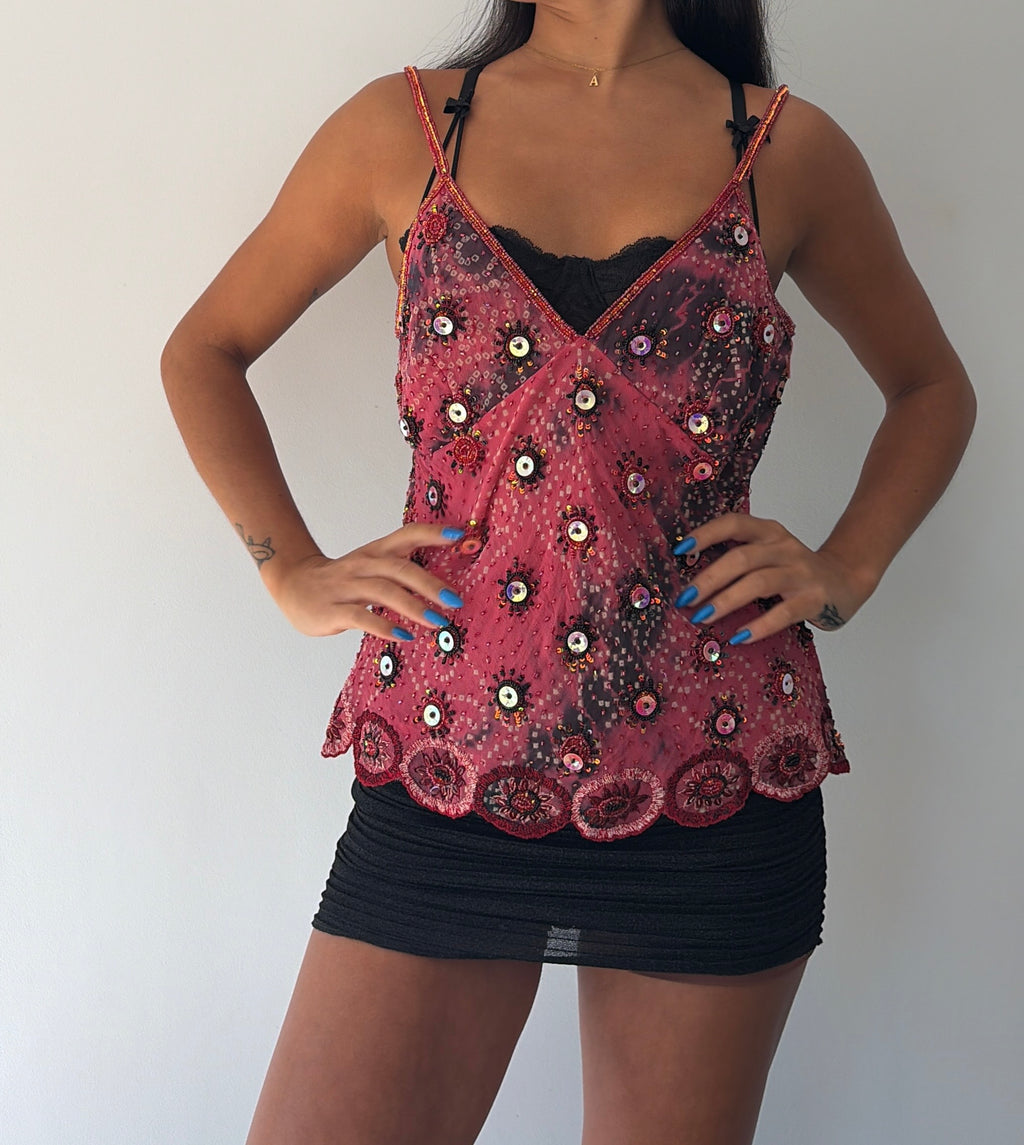 Pink Silk Beaded Cami Top