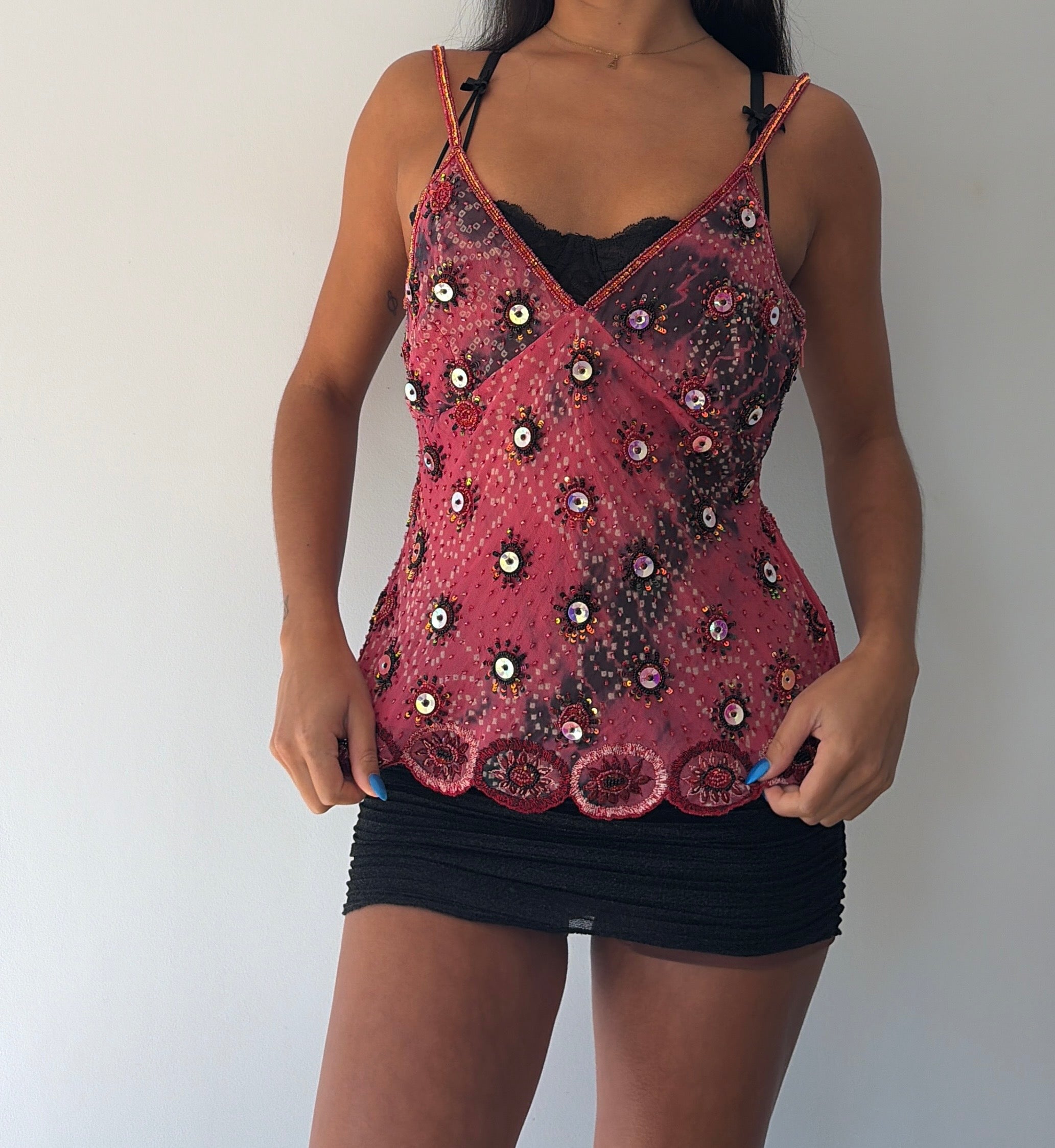 Pink Silk Beaded Cami Top