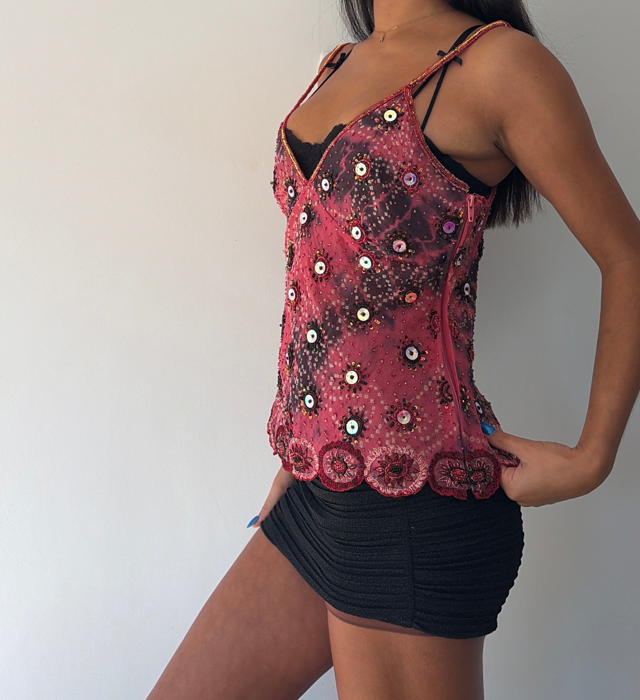 Pink Silk Beaded Cami Top