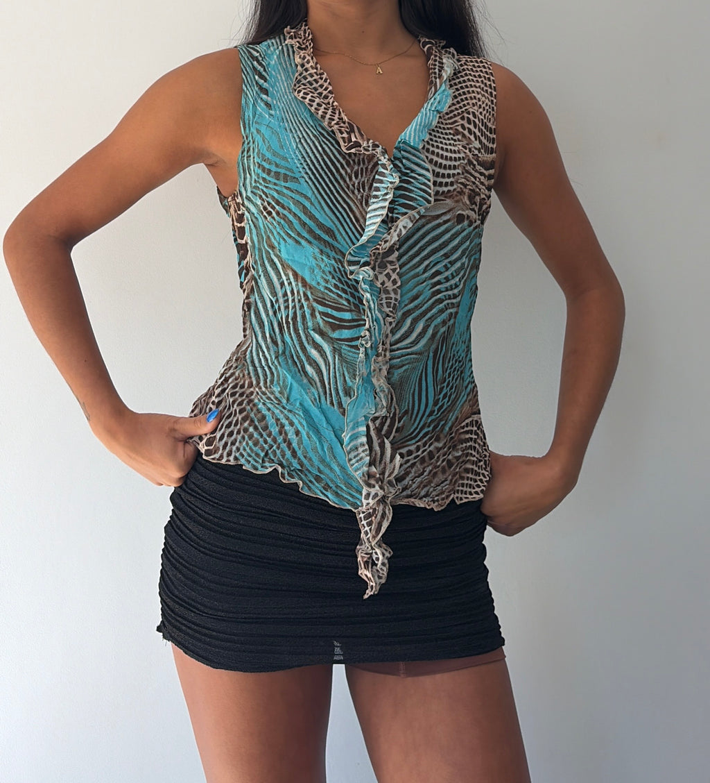 Blue and Brown Silk Ruffle Cami Top