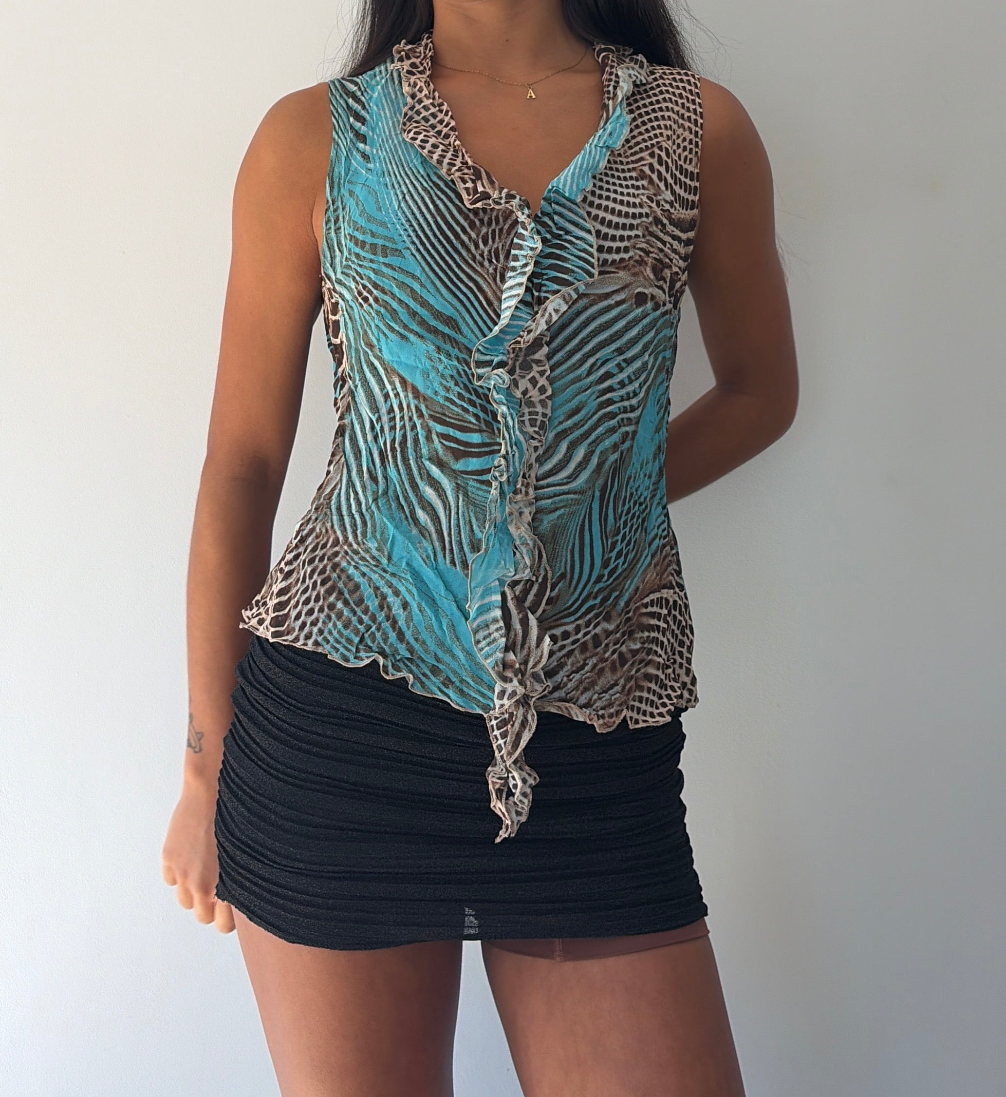 Blue and Brown Silk Ruffle Cami Top