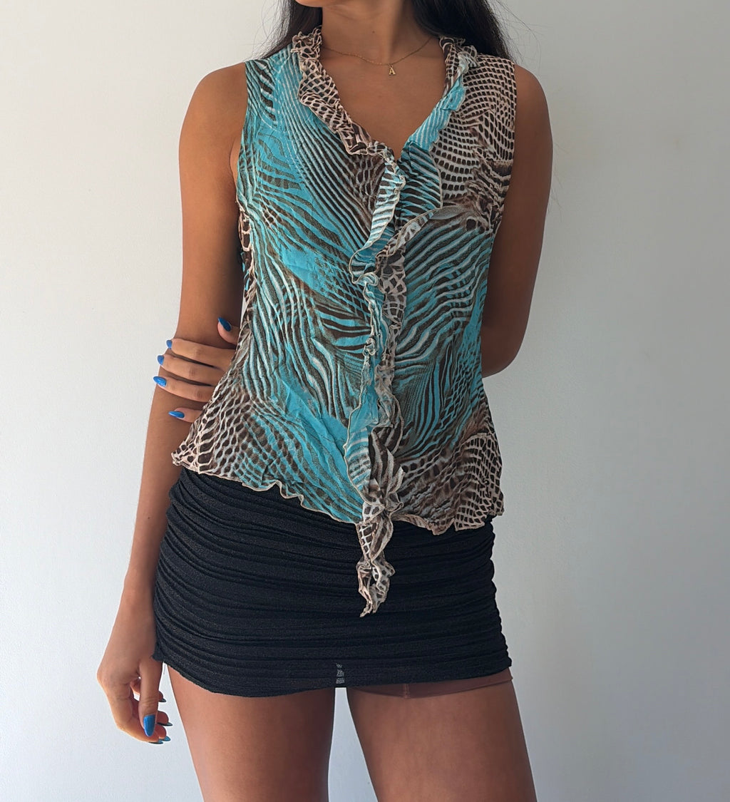 Blue and Brown Silk Ruffle Cami Top