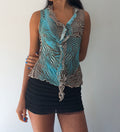 Blue and Brown Silk Ruffle Cami Top