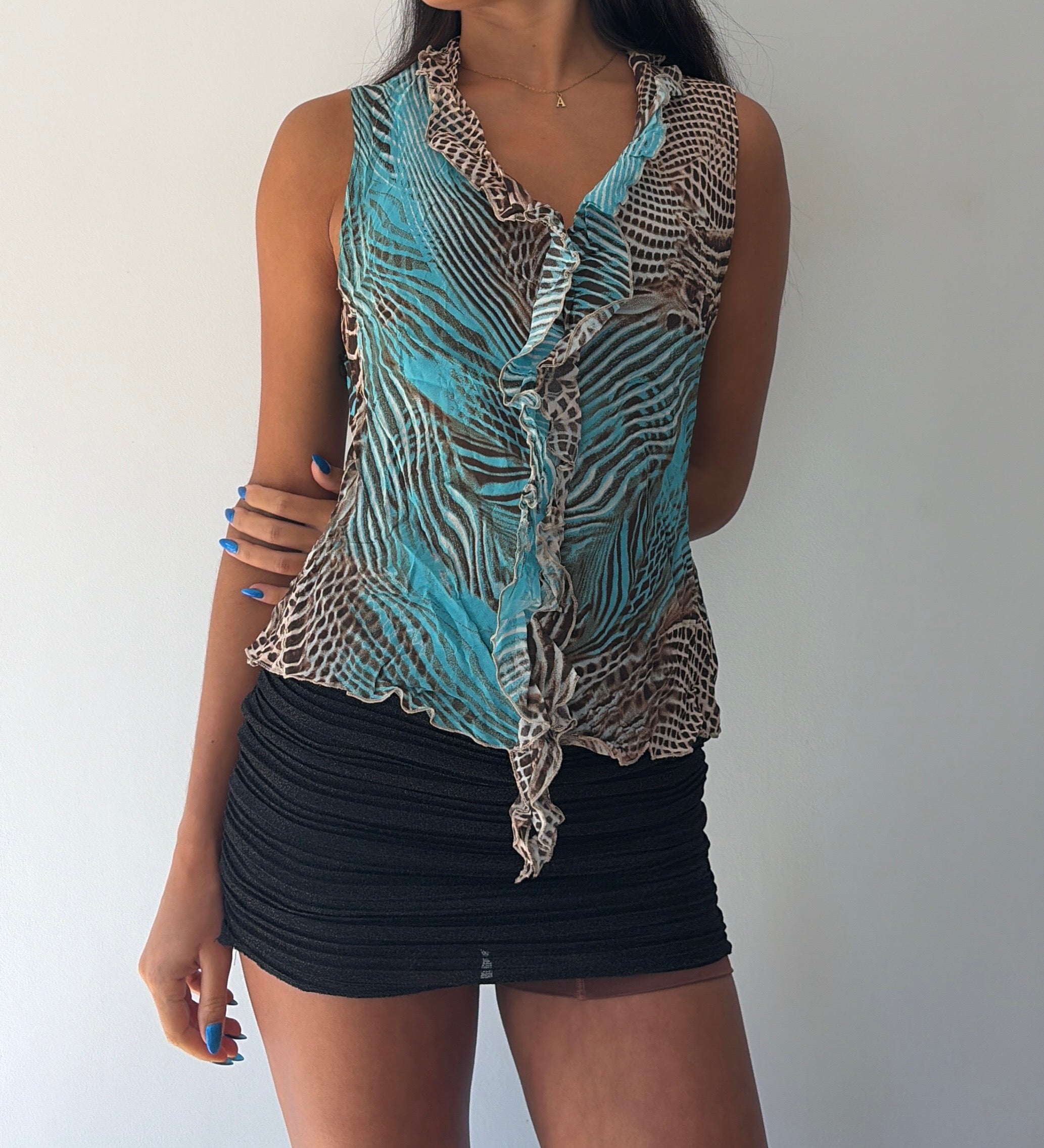 Blue and Brown Silk Ruffle Cami Top