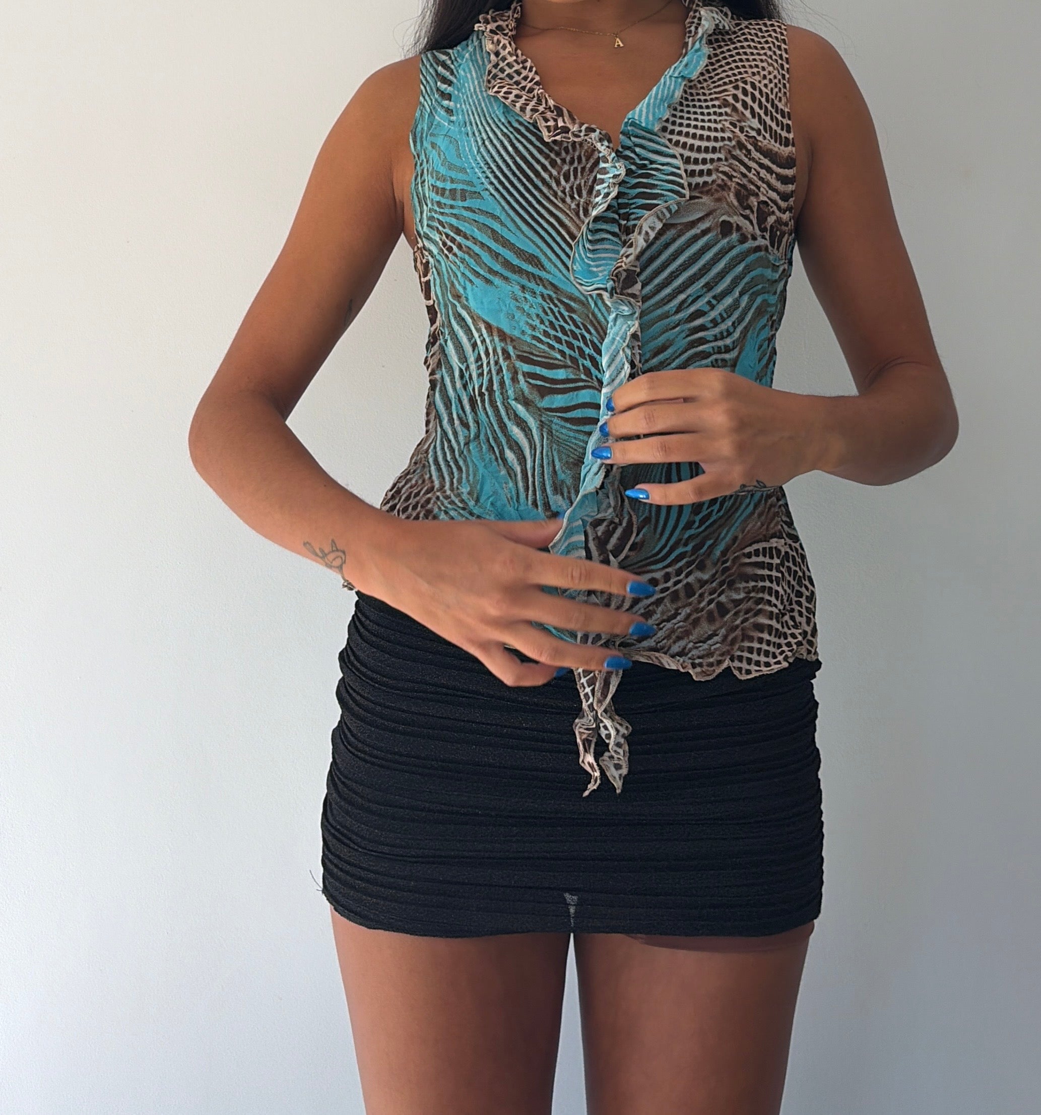 Blue and Brown Silk Ruffle Cami Top