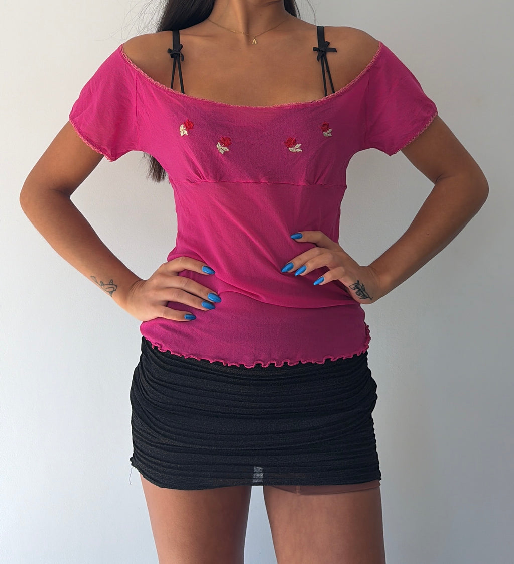Pink Milkmaid Rose Embroidered Top