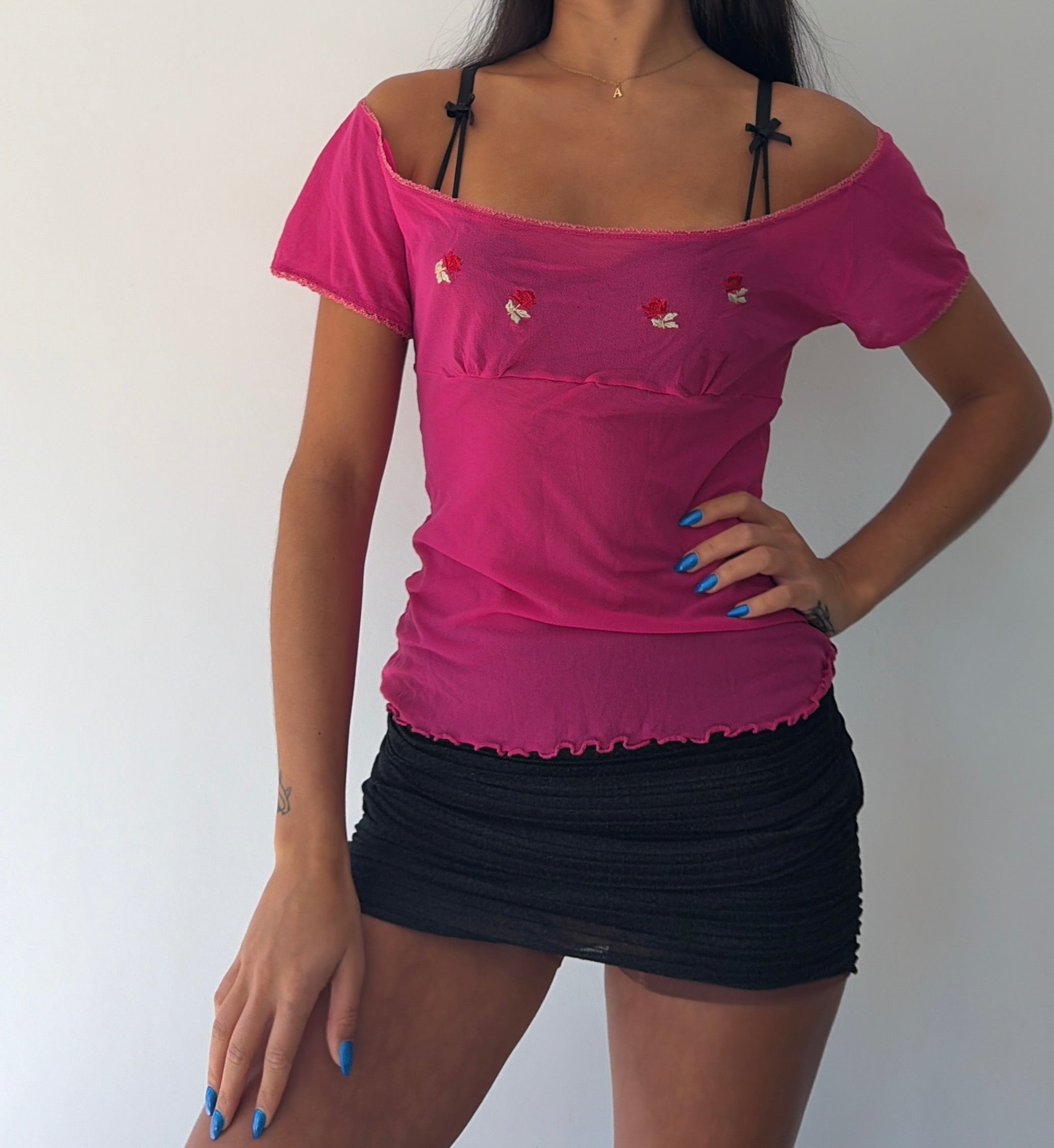 Pink Milkmaid Rose Embroidered Top