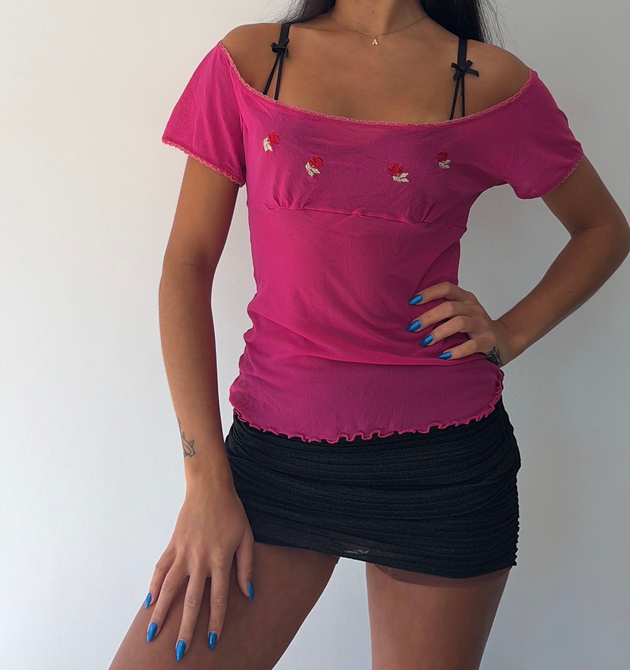 Pink Milkmaid Rose Embroidered Top