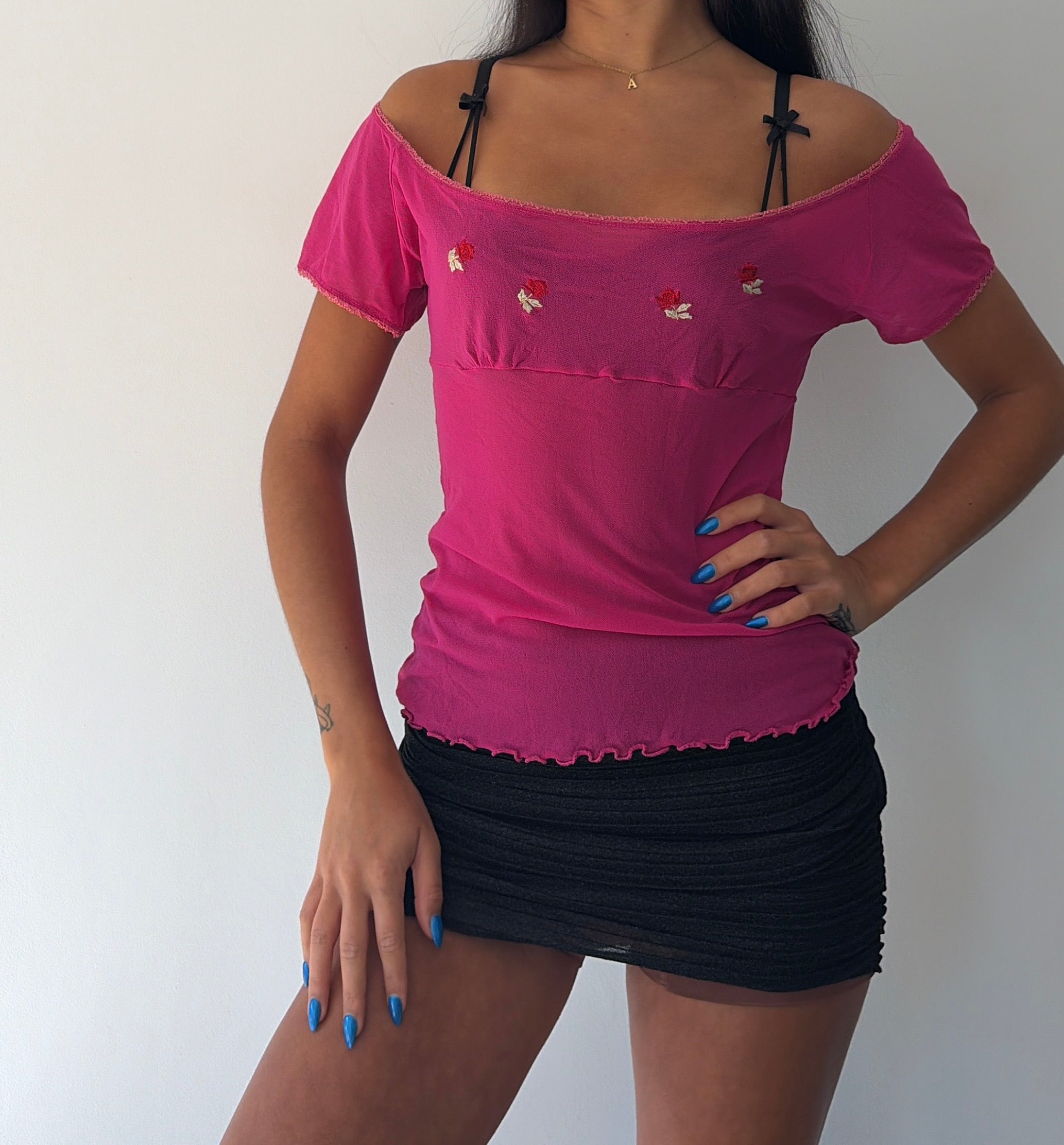 Pink Milkmaid Rose Embroidered Top