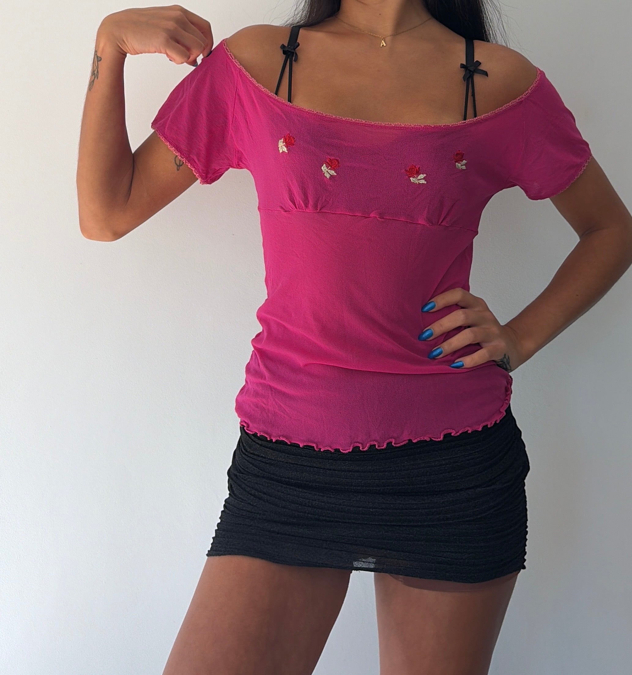 Pink Milkmaid Rose Embroidered Top