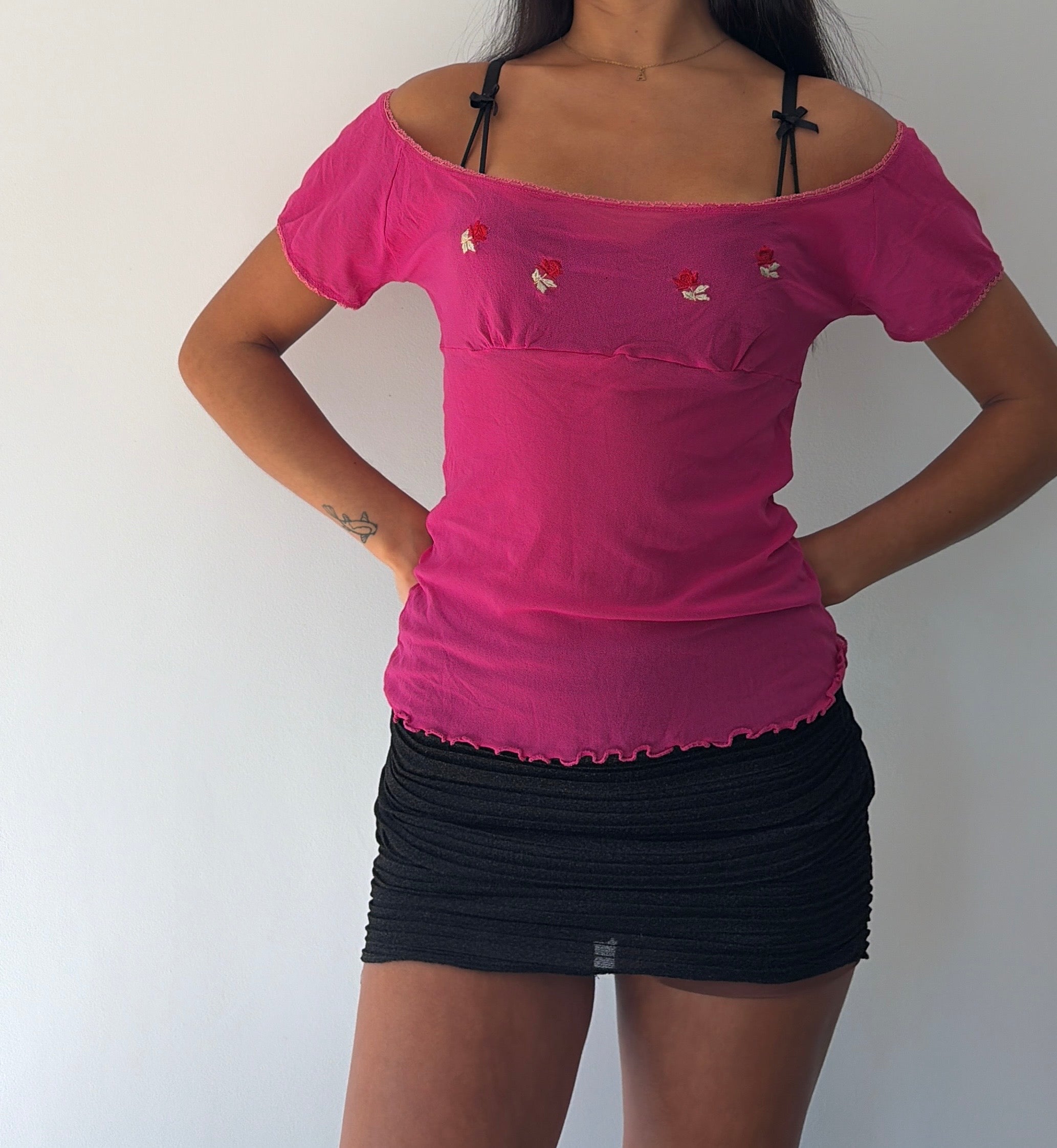 Pink Milkmaid Rose Embroidered Top