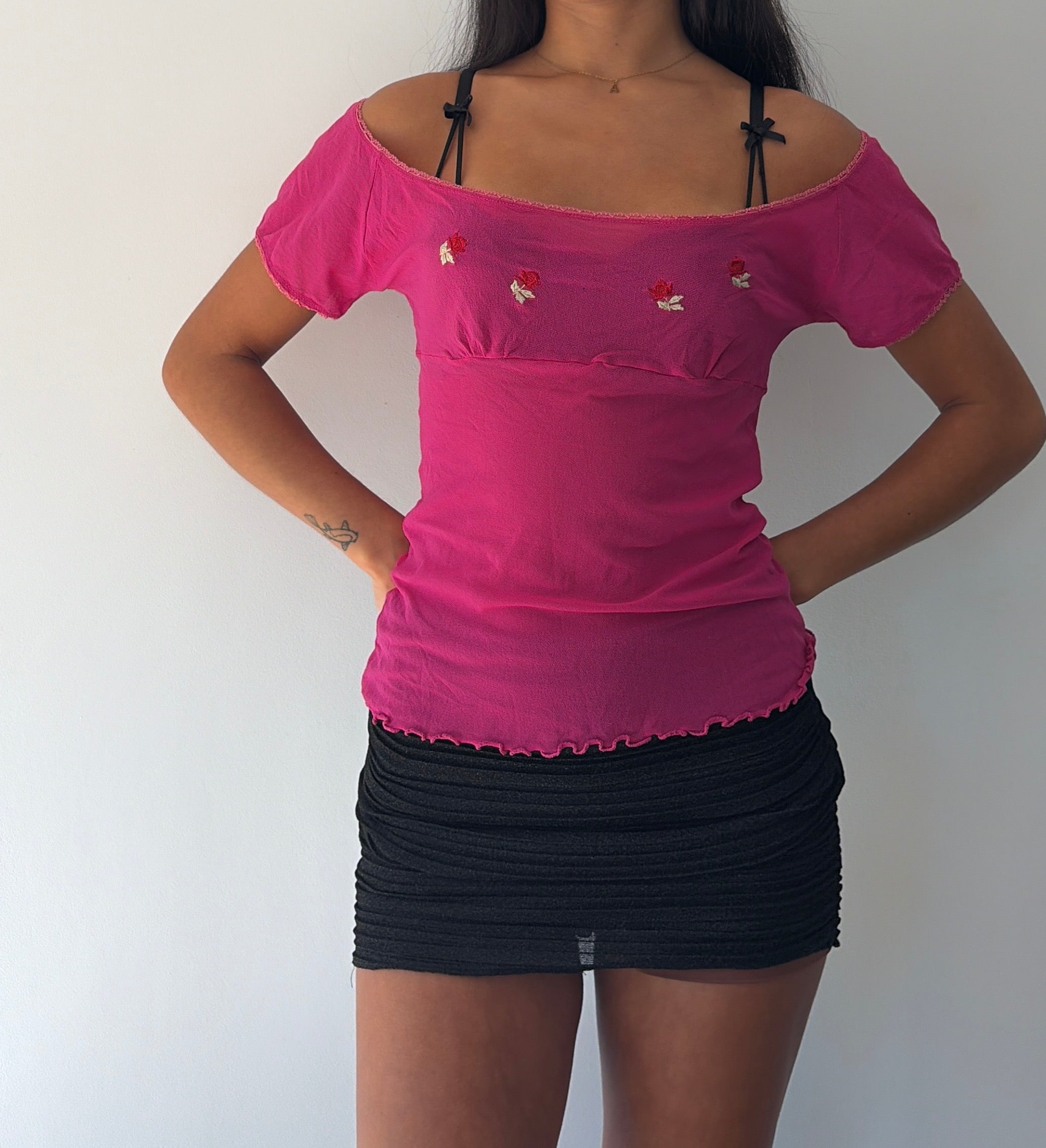 Pink Milkmaid Rose Embroidered Top