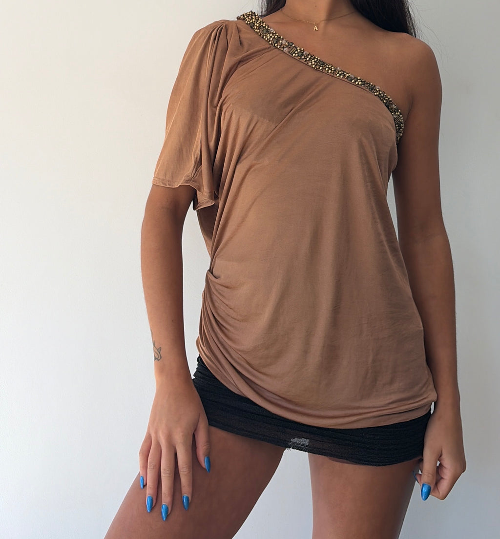 Brown Boho Slouchy One Shoulder Top