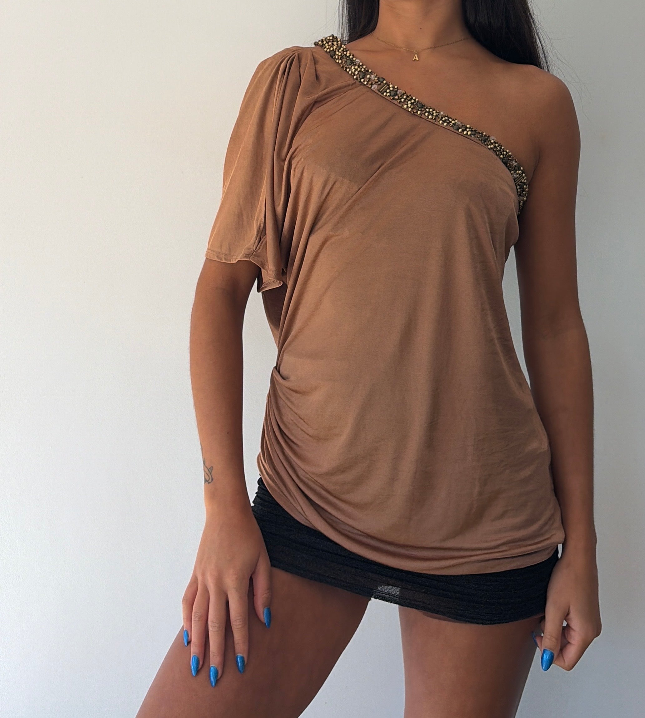 Brown Boho Slouchy One Shoulder Top