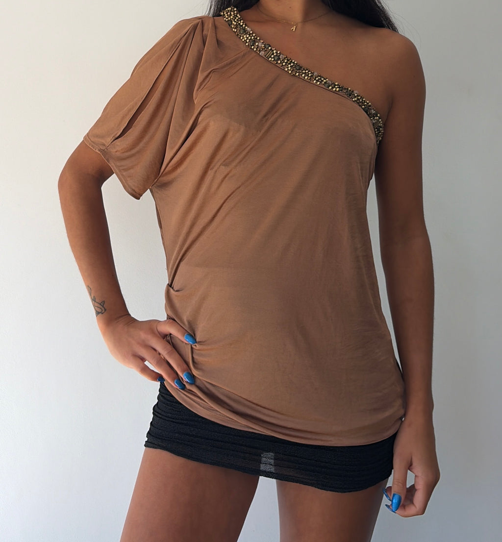 Brown Boho Slouchy One Shoulder Top