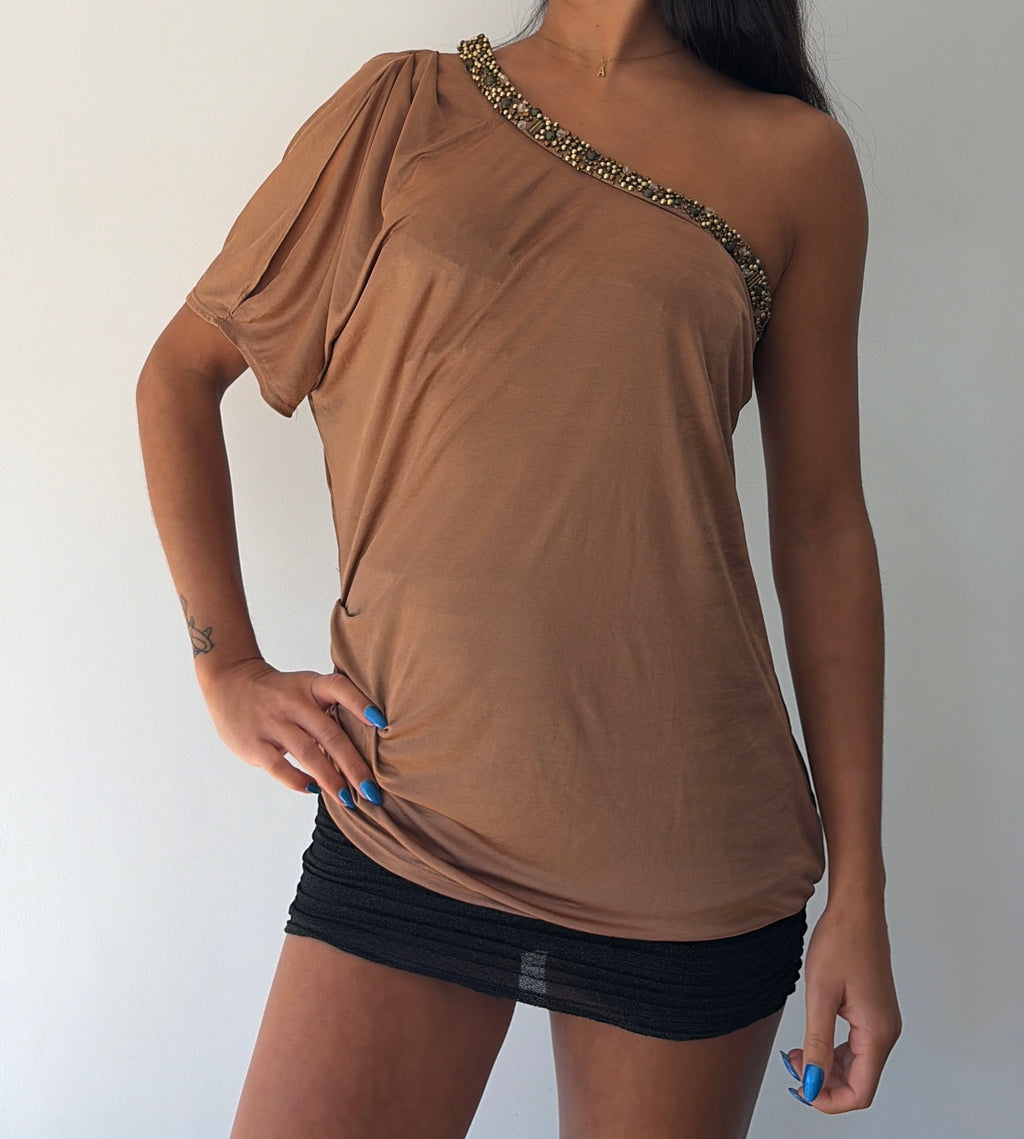 Brown Boho Slouchy One Shoulder Top