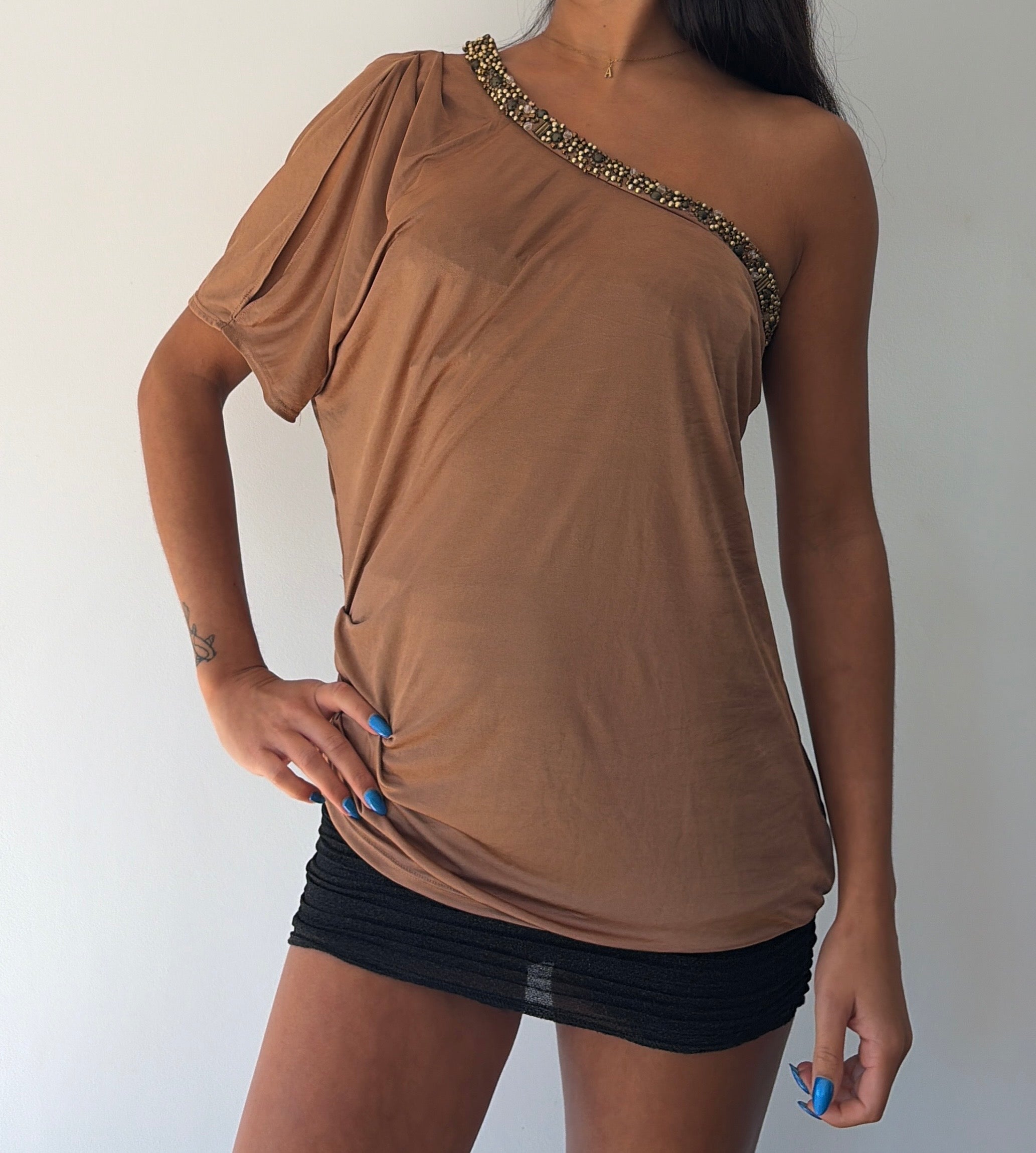 Brown Boho Slouchy One Shoulder Top