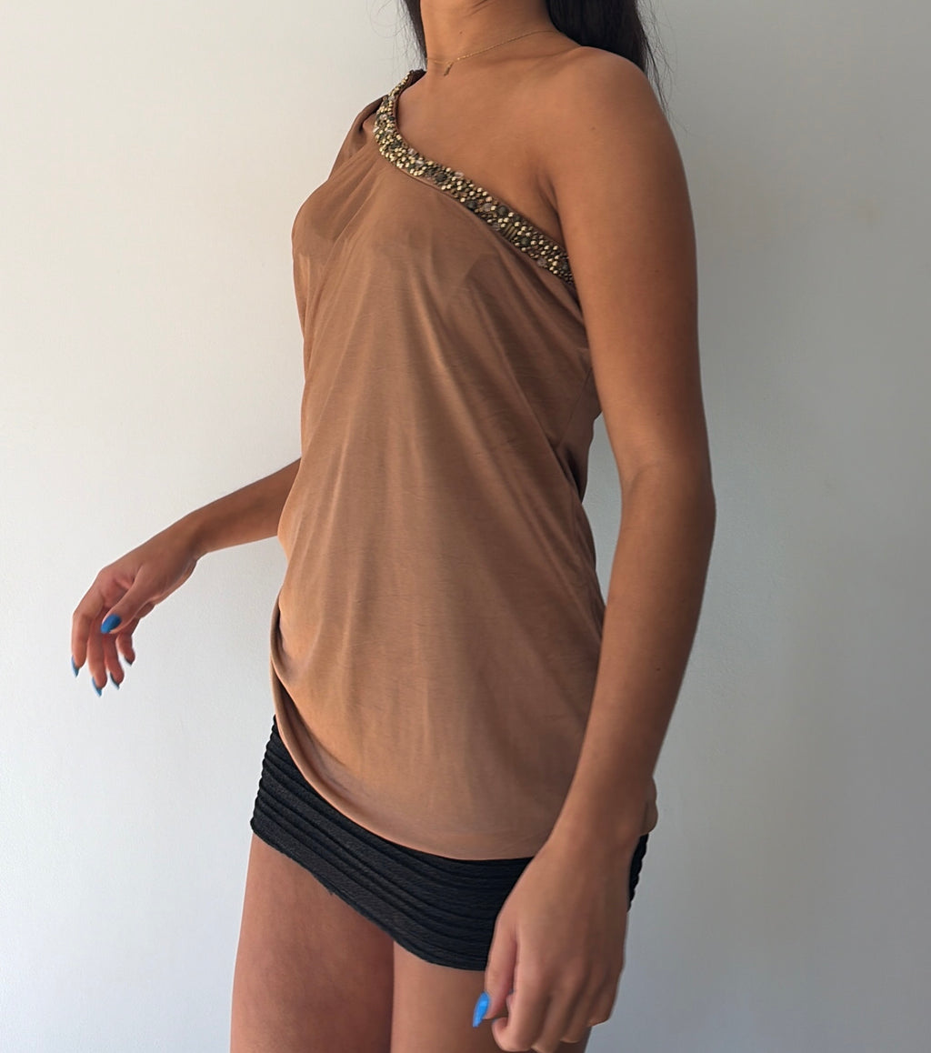 Brown Boho Slouchy One Shoulder Top