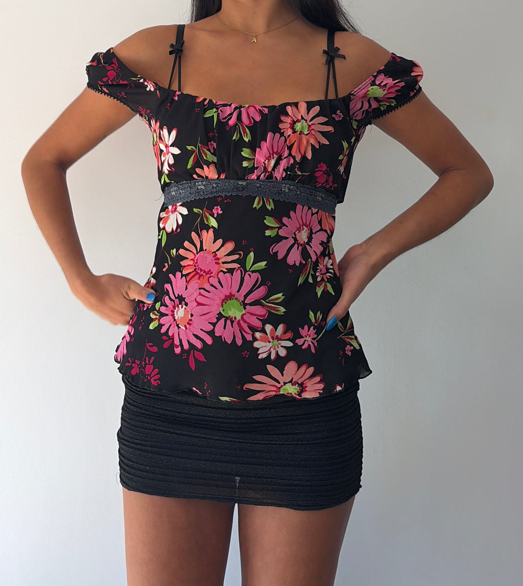 Pink and Black Milkmaid Tie Back Top