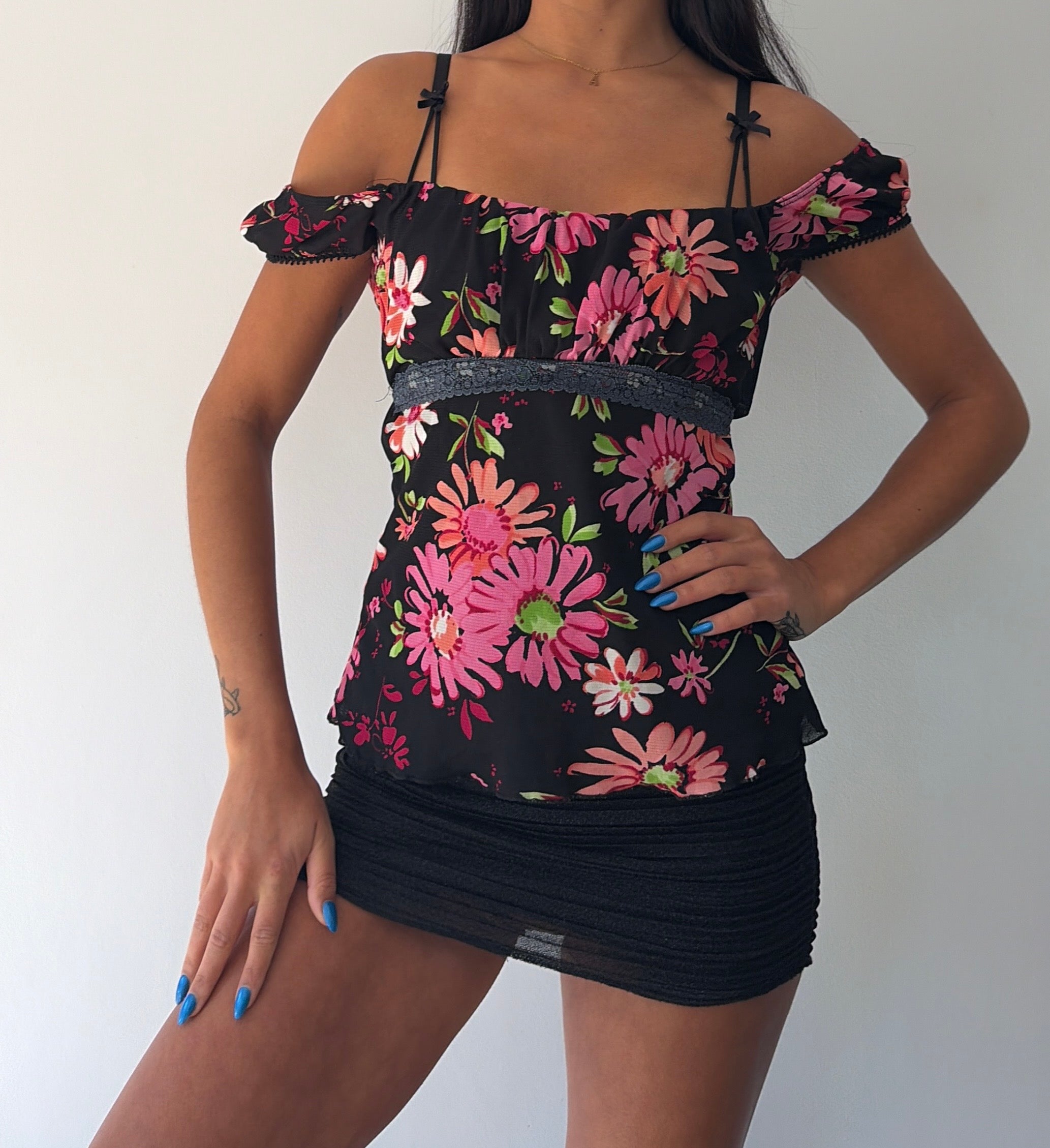 Pink and Black Milkmaid Tie Back Top