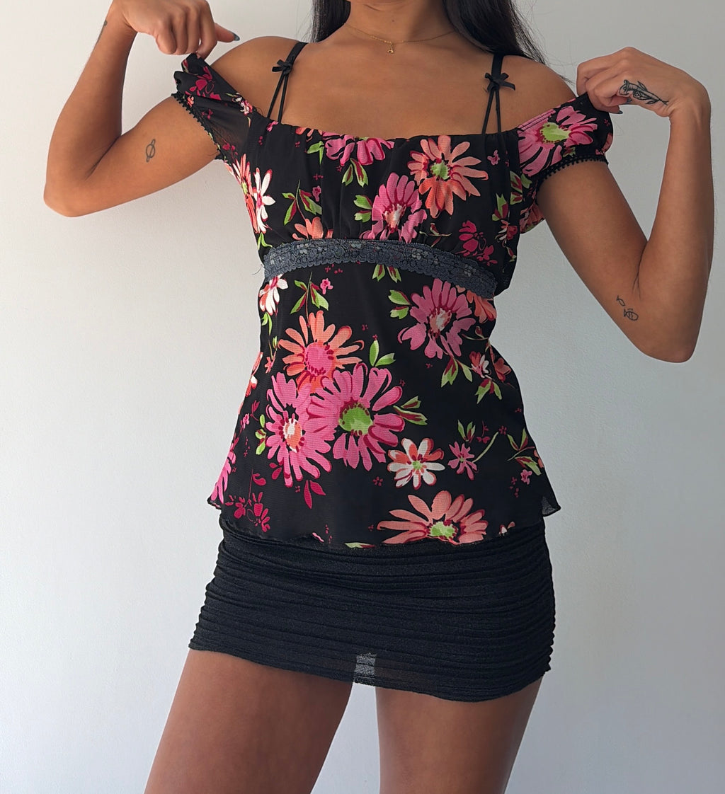 Pink and Black Milkmaid Tie Back Top