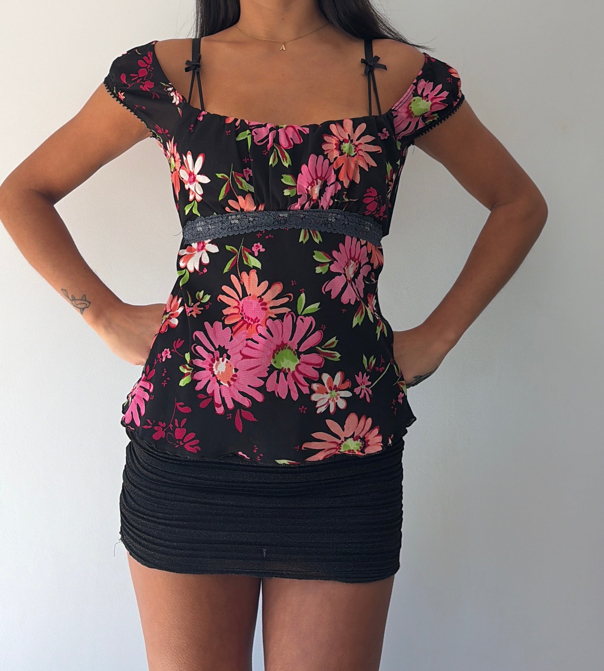 Pink and Black Milkmaid Tie Back Top
