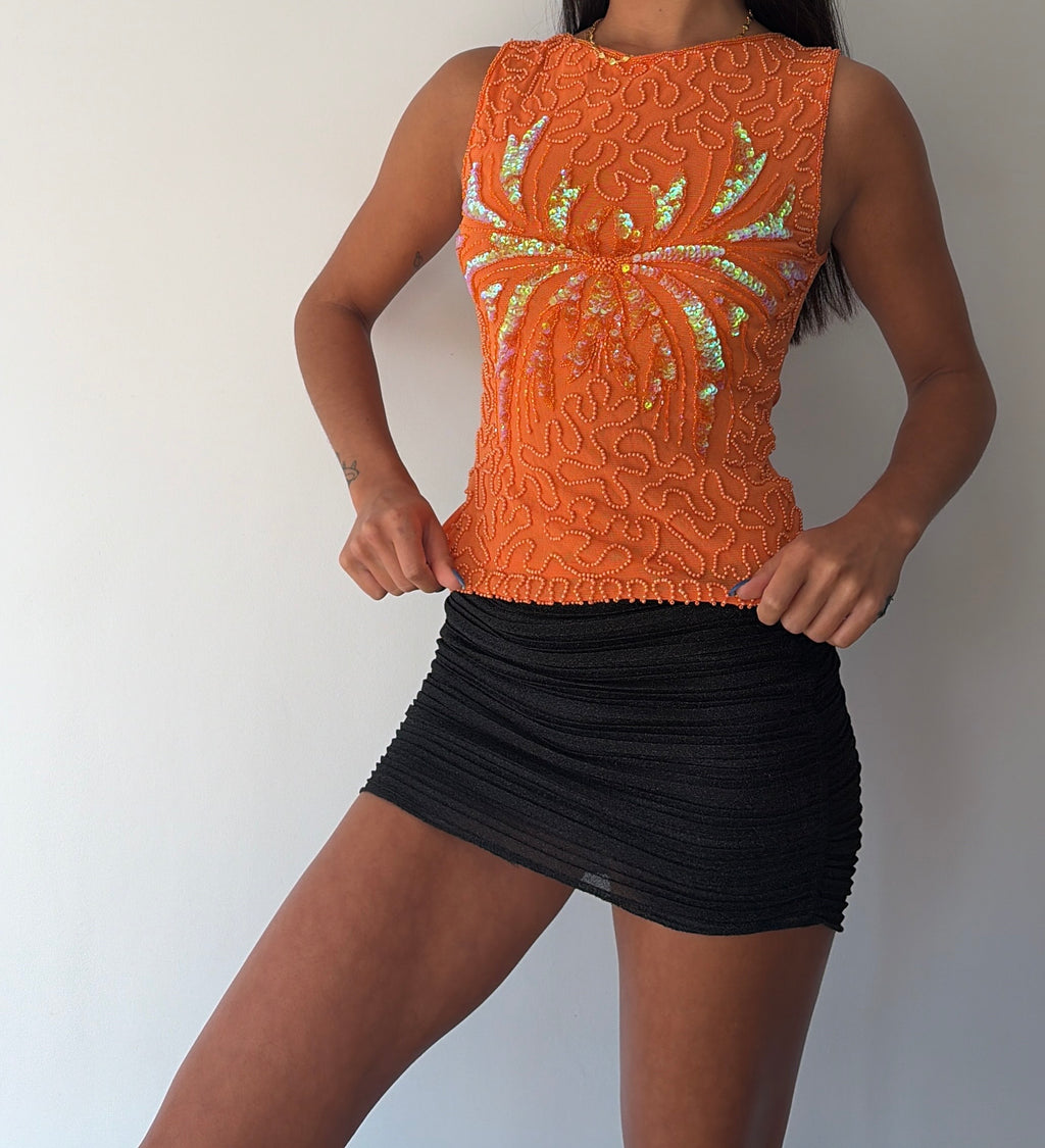Orange Beaded Mesh Top