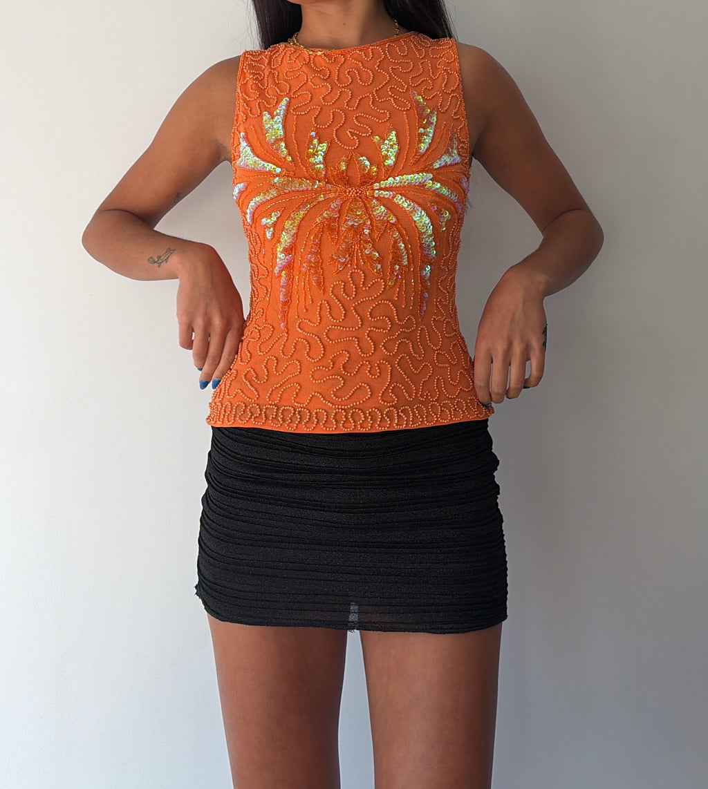 Orange Beaded Mesh Top