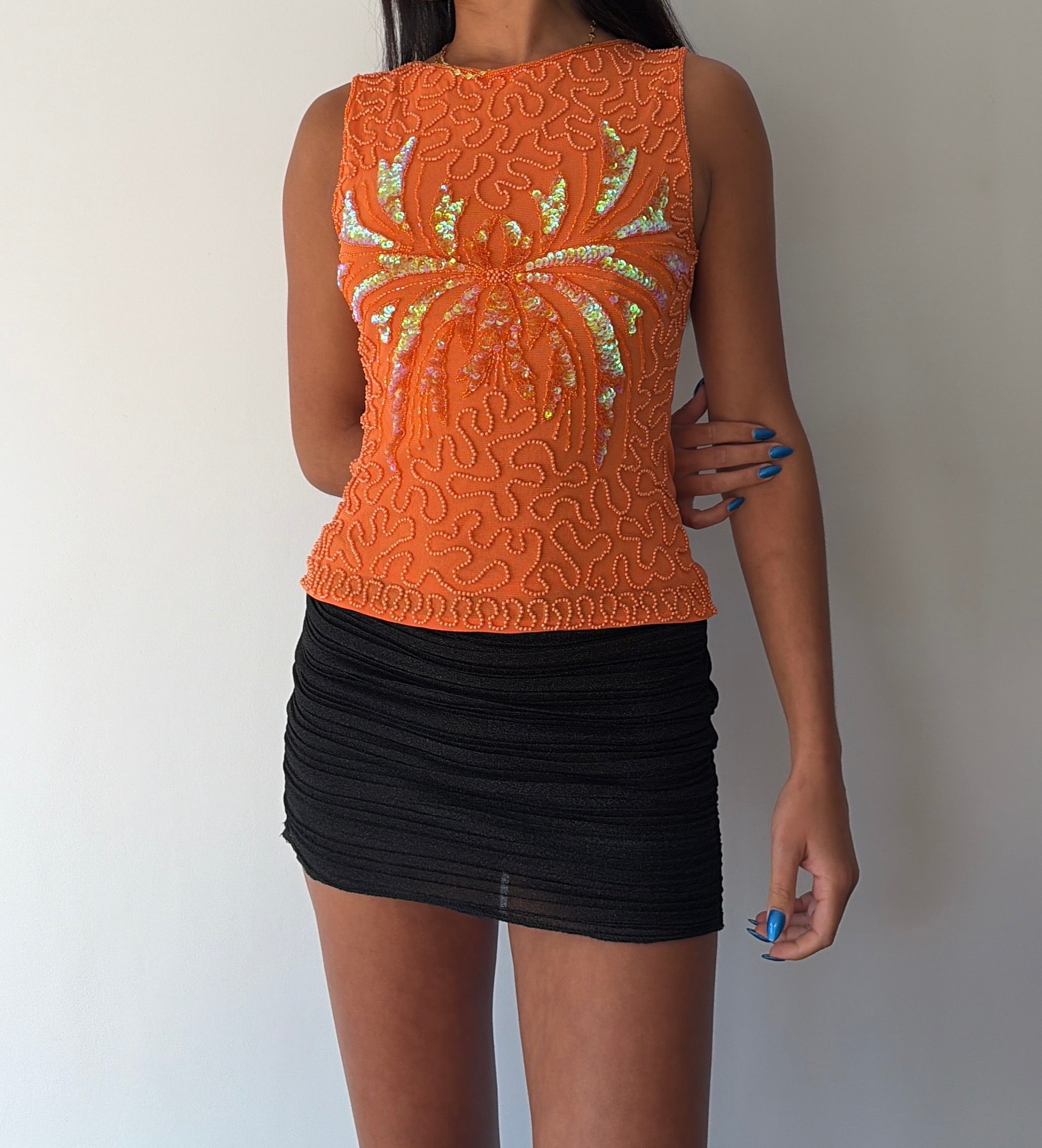 Orange Beaded Mesh Top