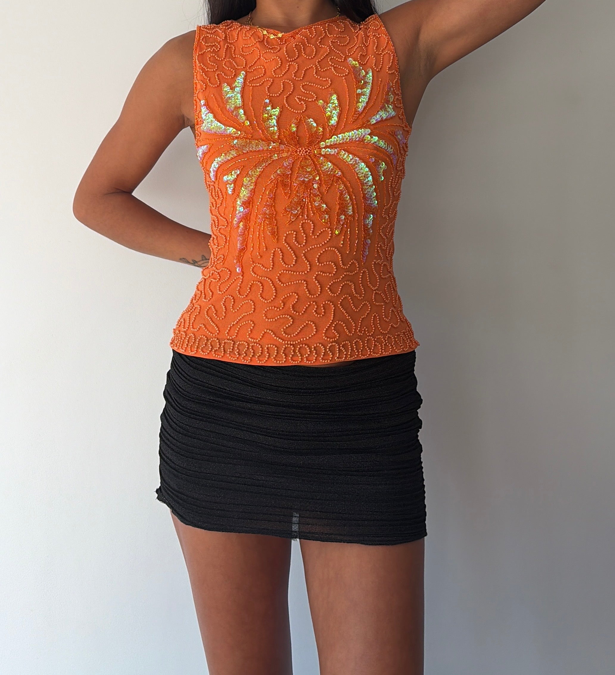 Orange Beaded Mesh Top