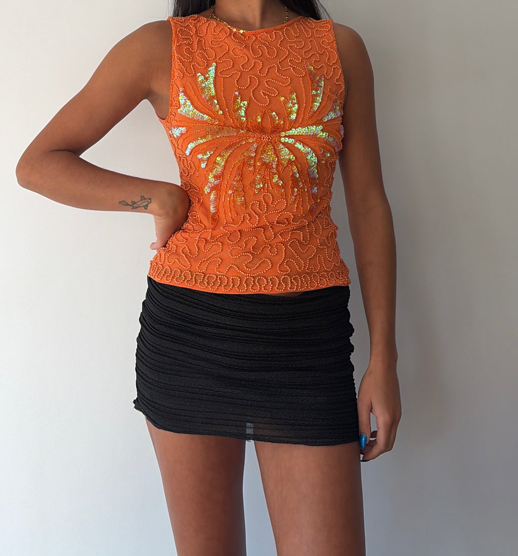 Orange Beaded Mesh Top