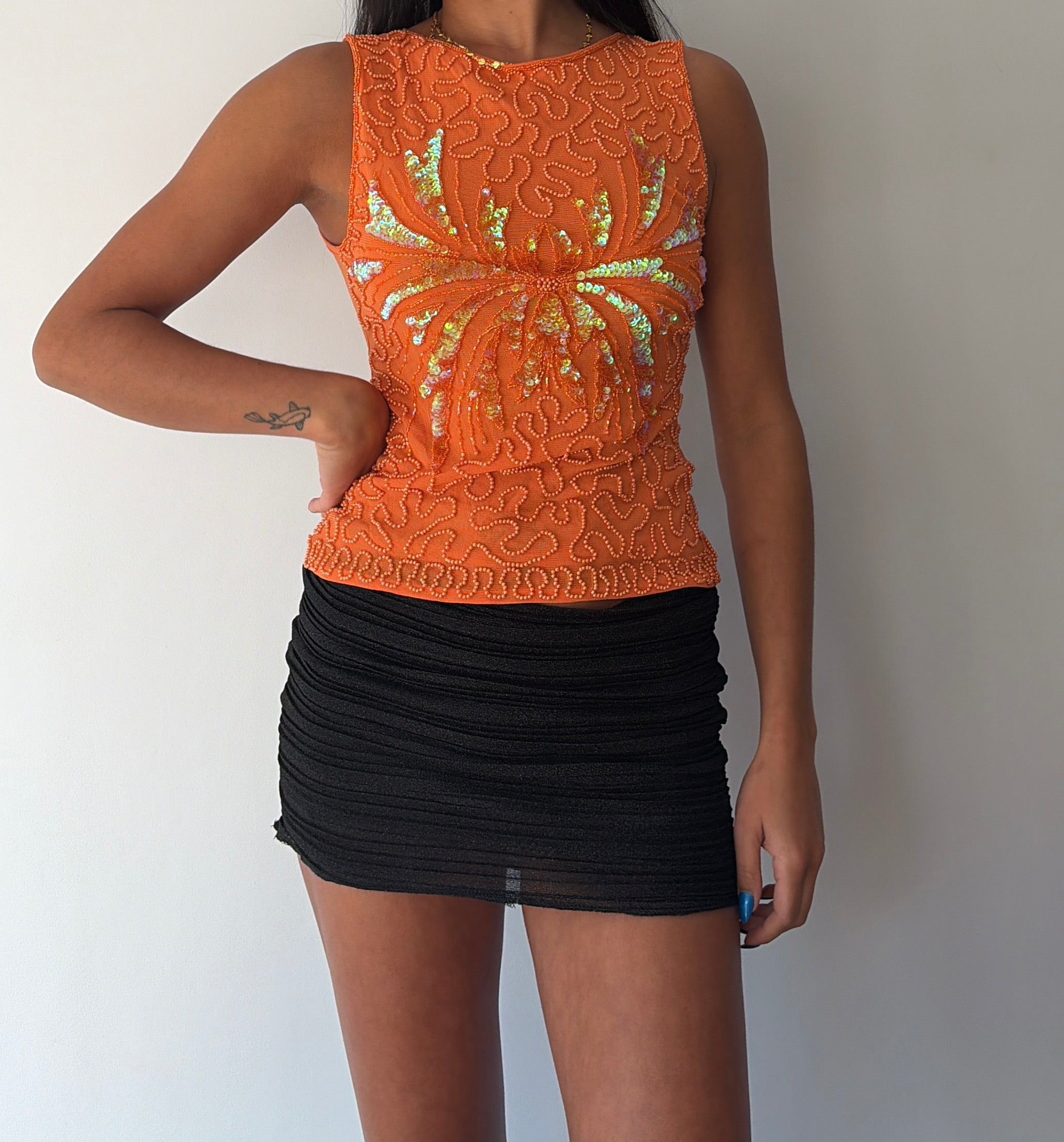 Orange Beaded Mesh Top