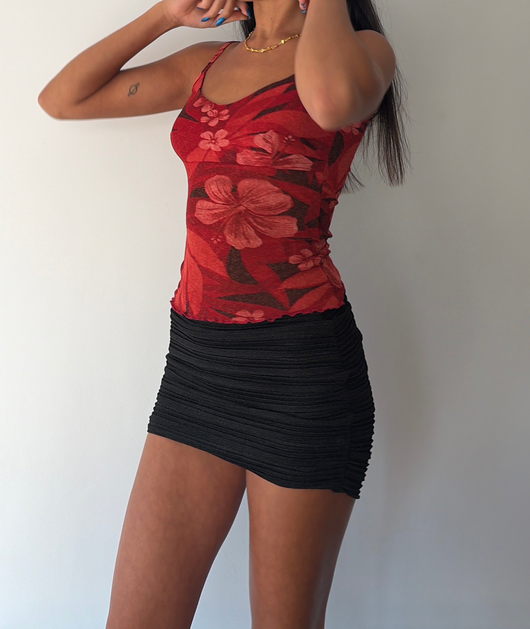 Red Hibiscus Mesh Cami Top