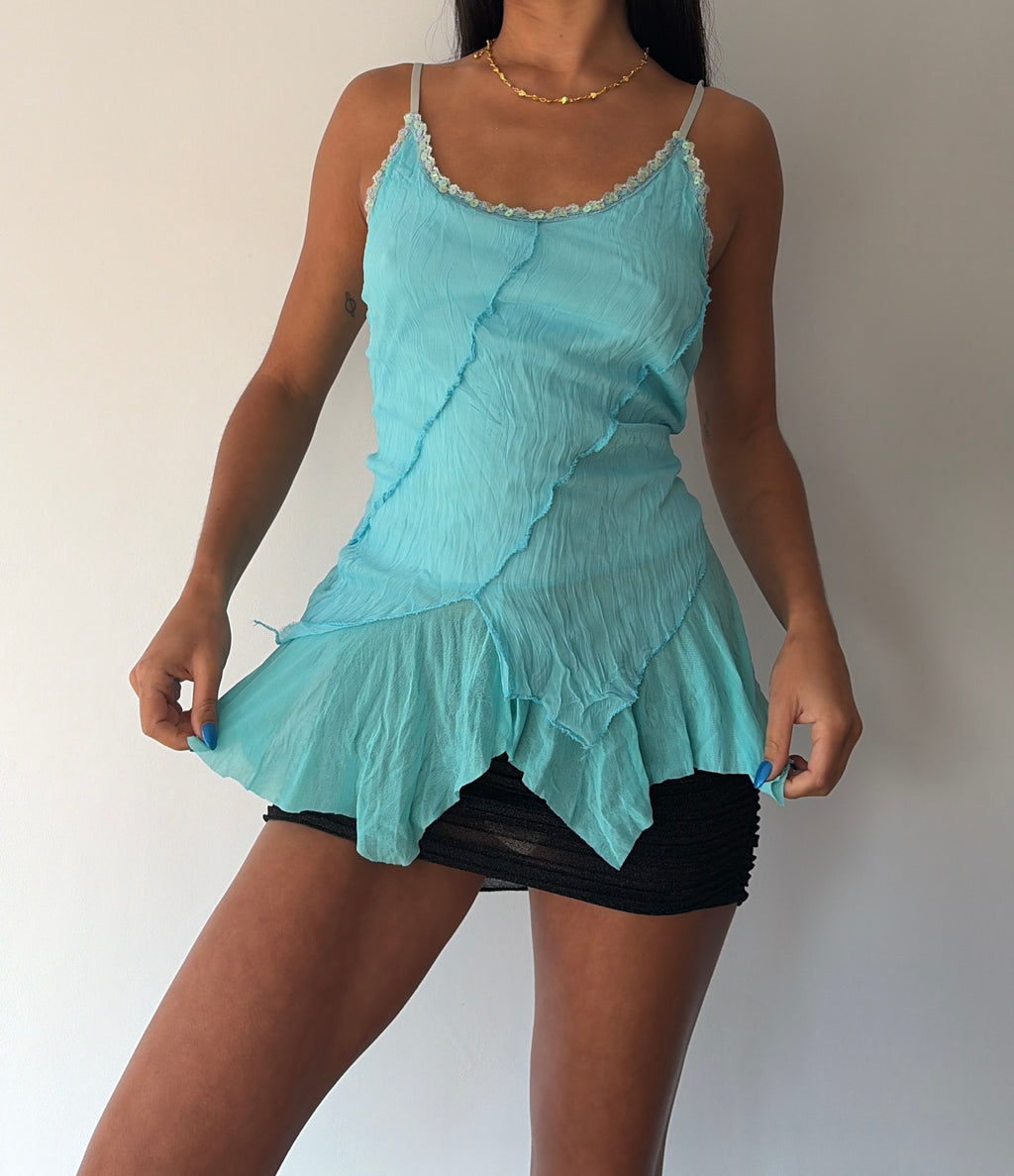 Turquoise Blue Asymmetrical Sequin Cami Top