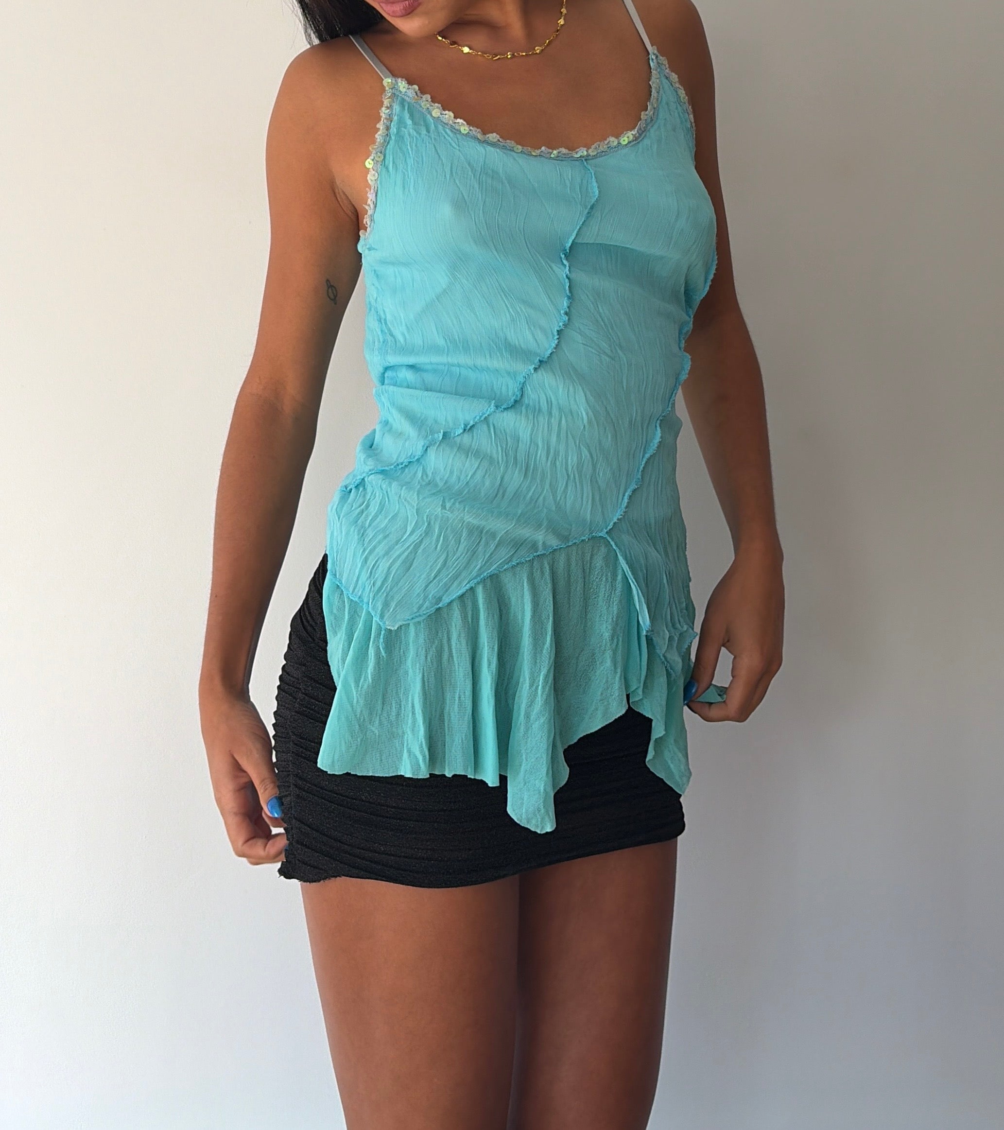 Turquoise Blue Asymmetrical Sequin Cami Top