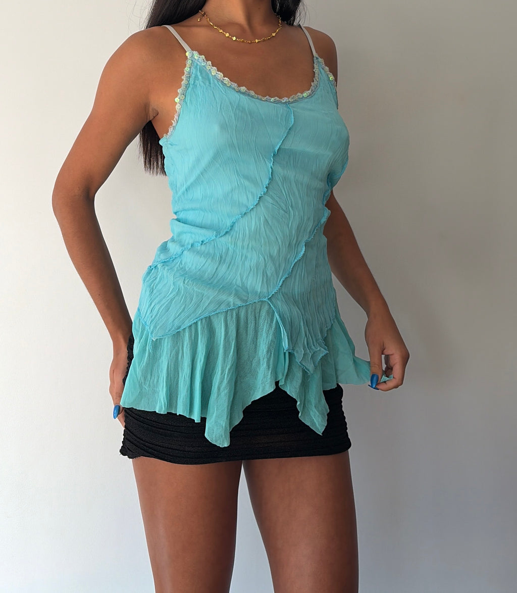 Turquoise Blue Asymmetrical Sequin Cami Top